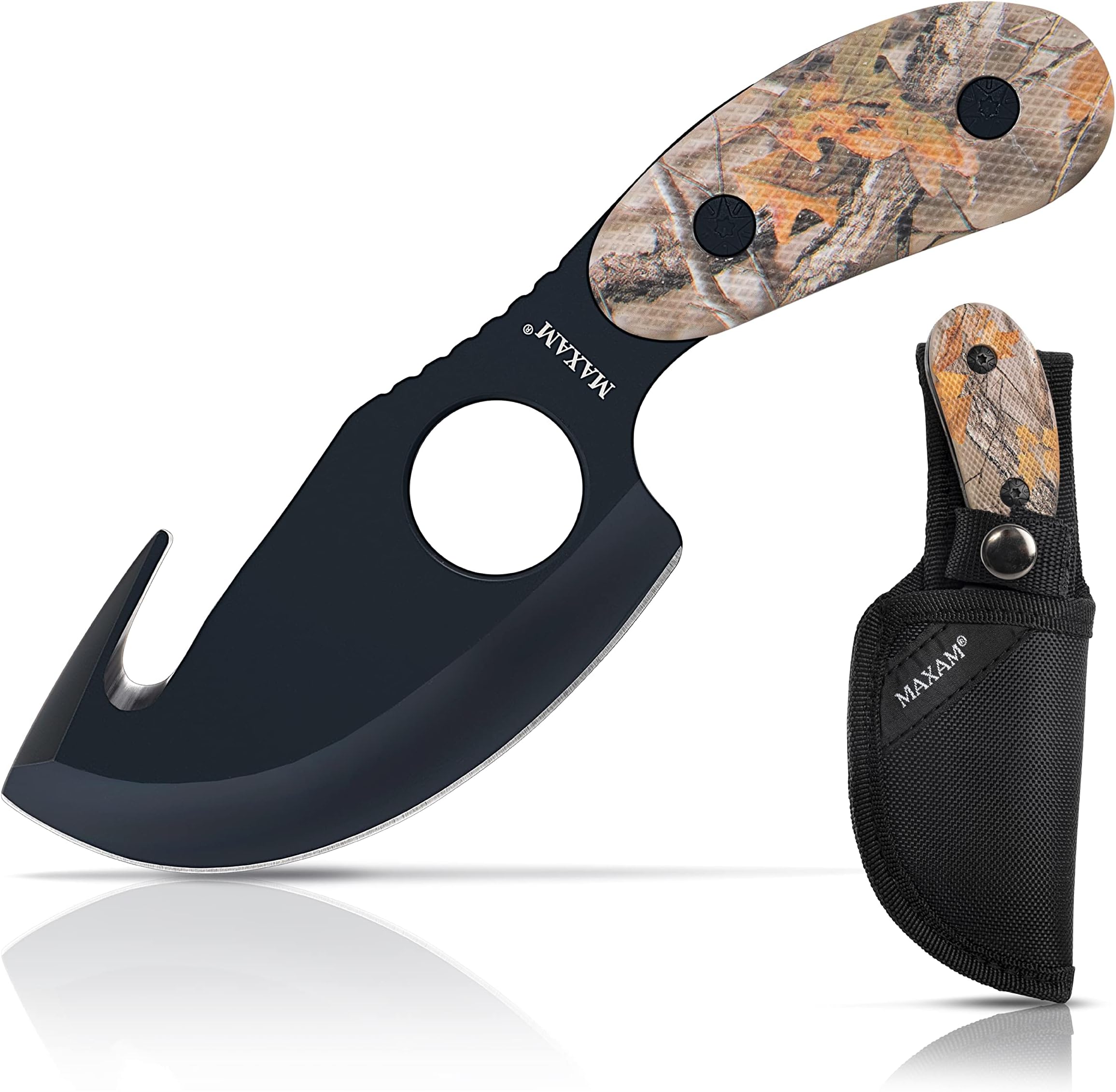 Maxam All in One Fixed Blade Skinning Knife with Gut-Hook, Camo, Full Tang, 7 Inch Knife Includes Nylon Sheath