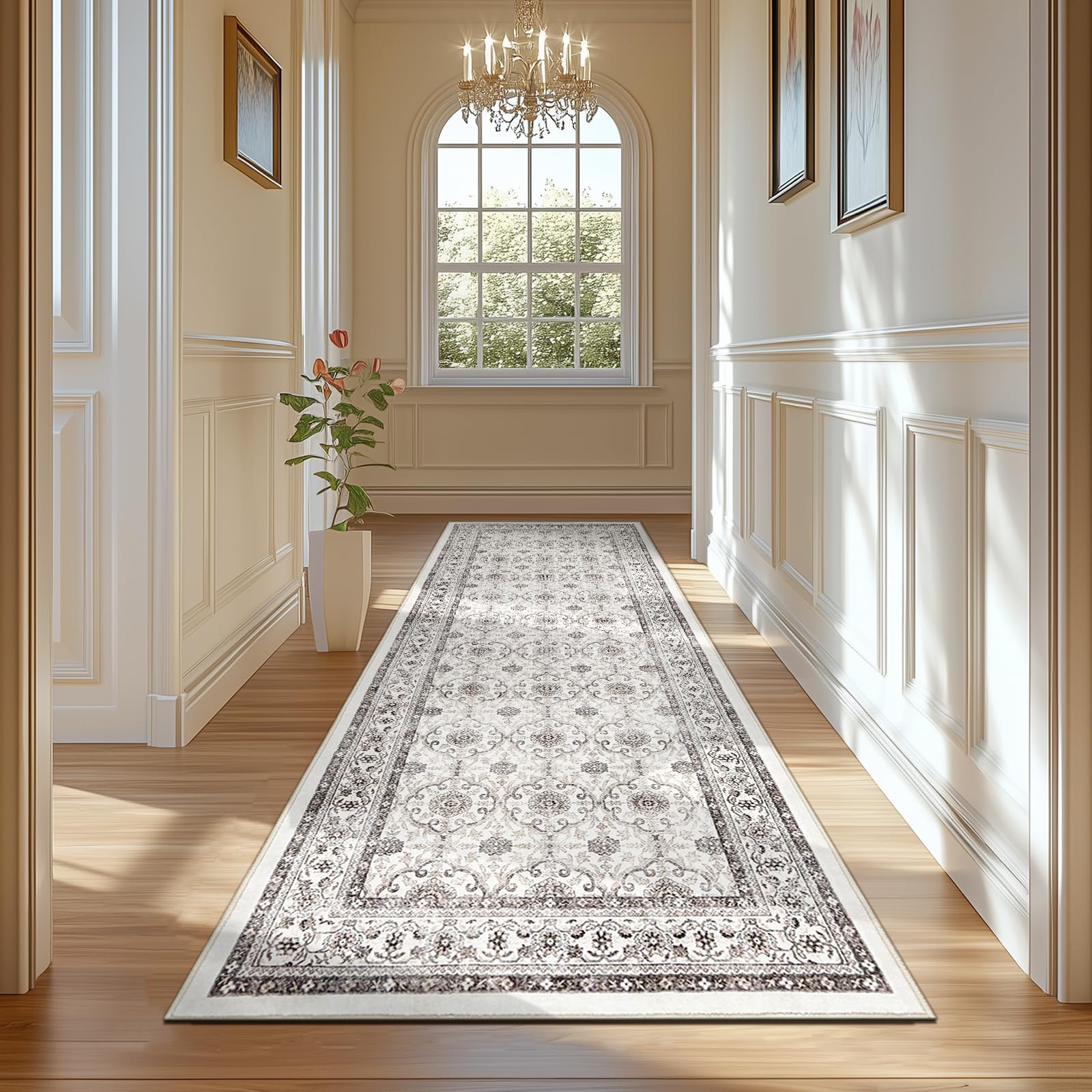 jinchan Hallway Runner Rug 3x10 - Machine Washable Beige Vintage Floral Distressed Design Soft Non-Slip Low-Pile Ultra-Thin Runner Rug for Kitchen