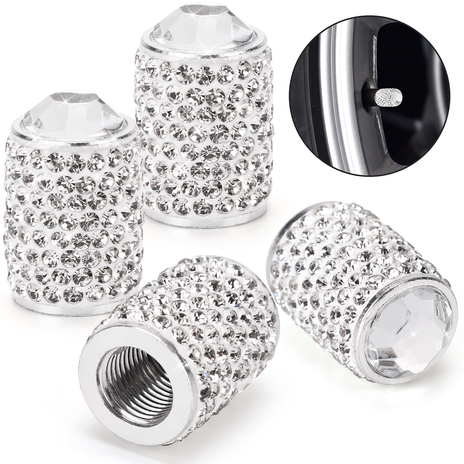 Bling Tire Valve Caps, 4 Pack Handmade Crystal Rhinestone Tire Caps Universal Bling Car Accessories for Women Dustproof Bling Valve Stem Caps Cover for Car/SUV/Motorcycle/Bike(Silver)