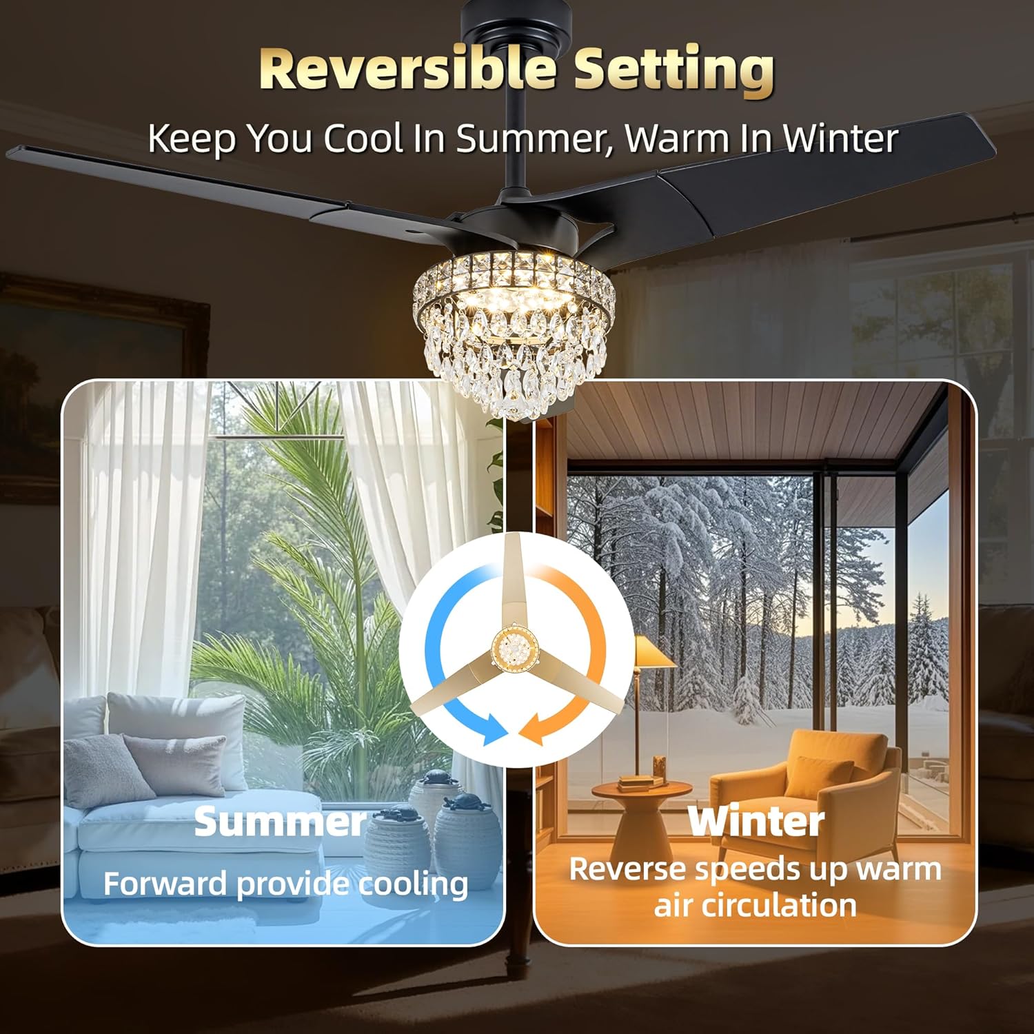 Chandelier Ceiling Fans With Lights And Remote, Chandelier Fan Ceiling,Crystal Ceiling Fan Fandelier With Lights,6 Speed 3 Timer Quiet Ceiling With Fans For Living Room Bedroom (Black, 52 In'ch)