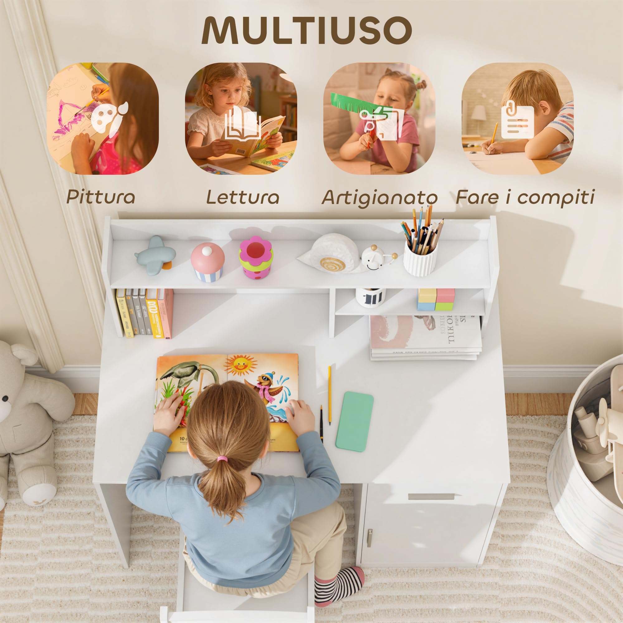 AIYAPLAY Set Scrivania e Sedia per Bambini con Ripiani, Armadietto, Cassetto e Bacheca, Set Tavolo e Sedia per Bambini 3-12 Anni, Banco Scuola per Ragazzi in Legno per Cameretta, Sala Studio, Bianco