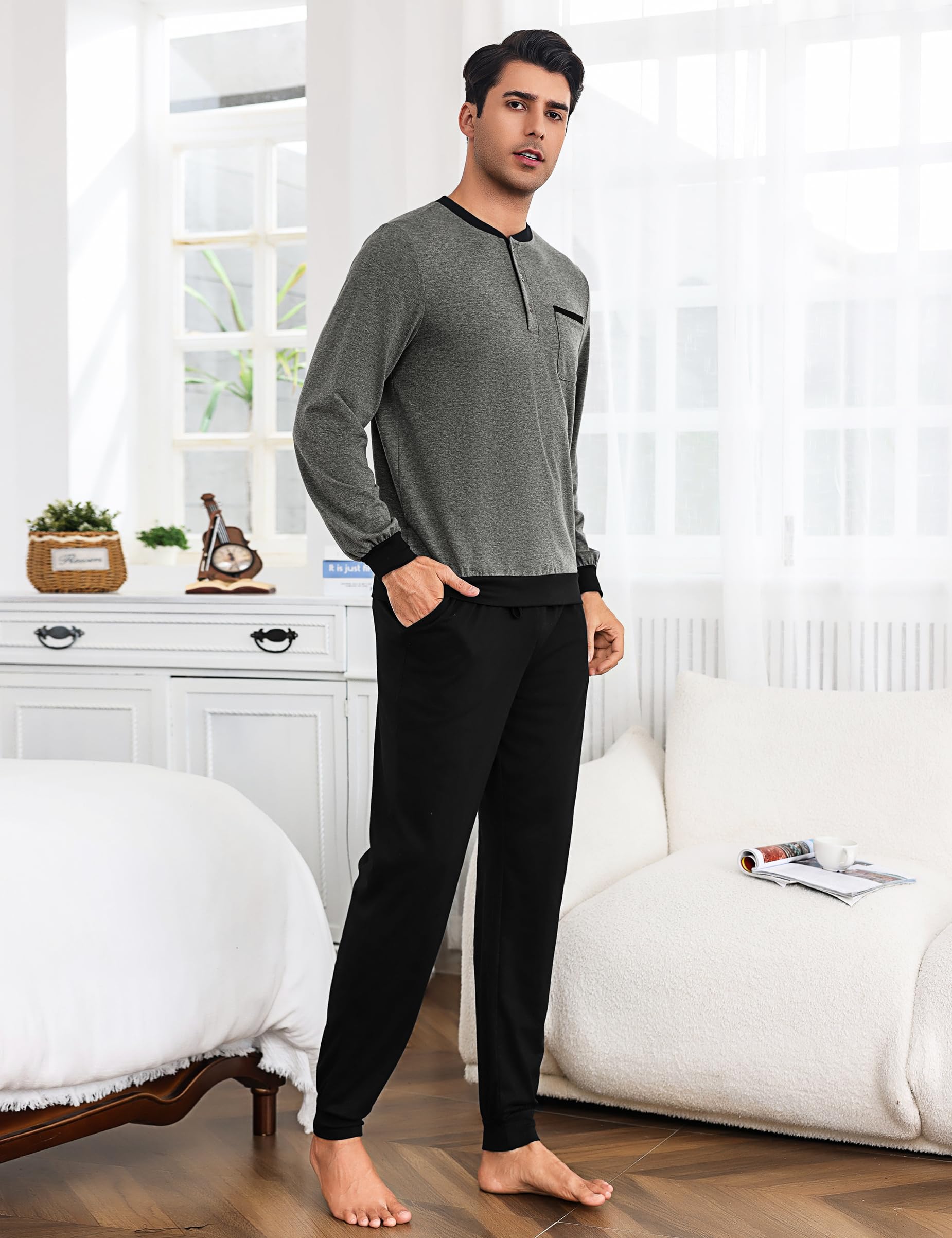 Bresdk Pigiama Uomo Invernale in Cotone Lungo a Maniche Lunghe e Pantaloni Pigiami Due Pezzi da Uomo con Tasche S-3XL