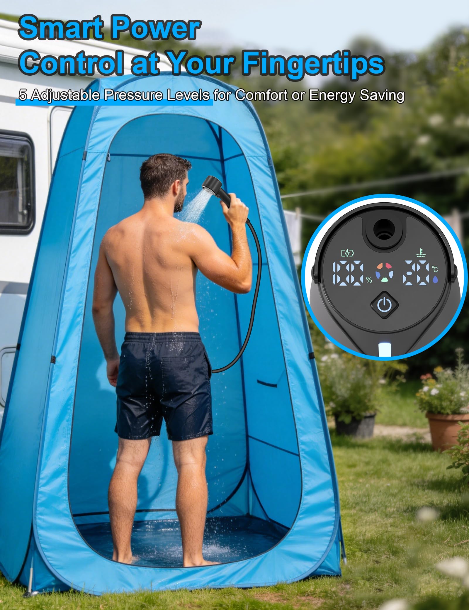 LIBERRWAY Camping Douche Portable Douches de Randonnée Voyage avec 3-Ans de Garantie pour la Batterie Rechargeable, Pommeau Douche Tuyau Pompe Douchette