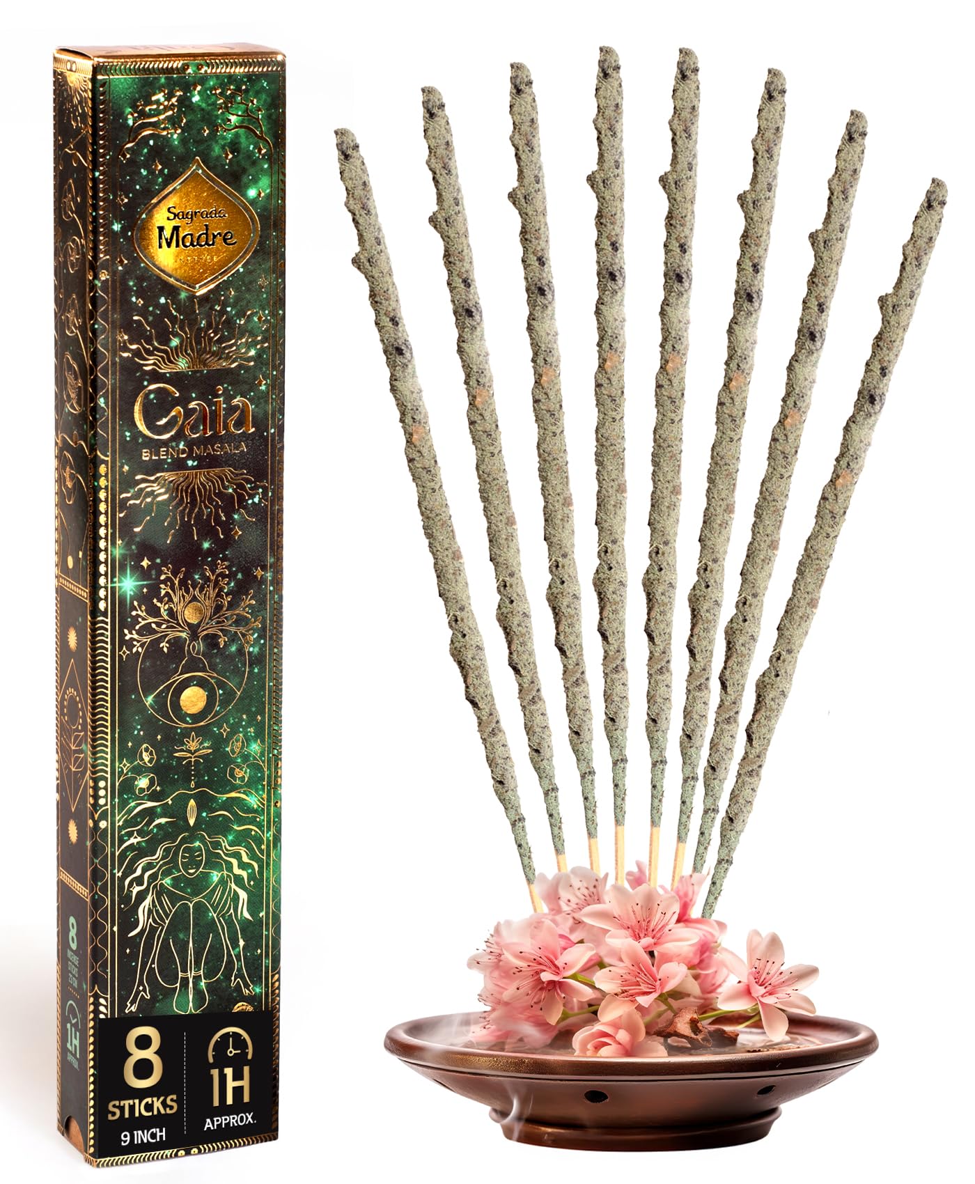 Sagrada Madre - 8 Extra-Durable Gaia Masala Incense Sticks - 9” Long Handmade, Thick Aromatherapy Sticks with Natural Herbs, Fruit Biomass for Inner Peace & Spiritual Connection - 1 Hour Burn Time