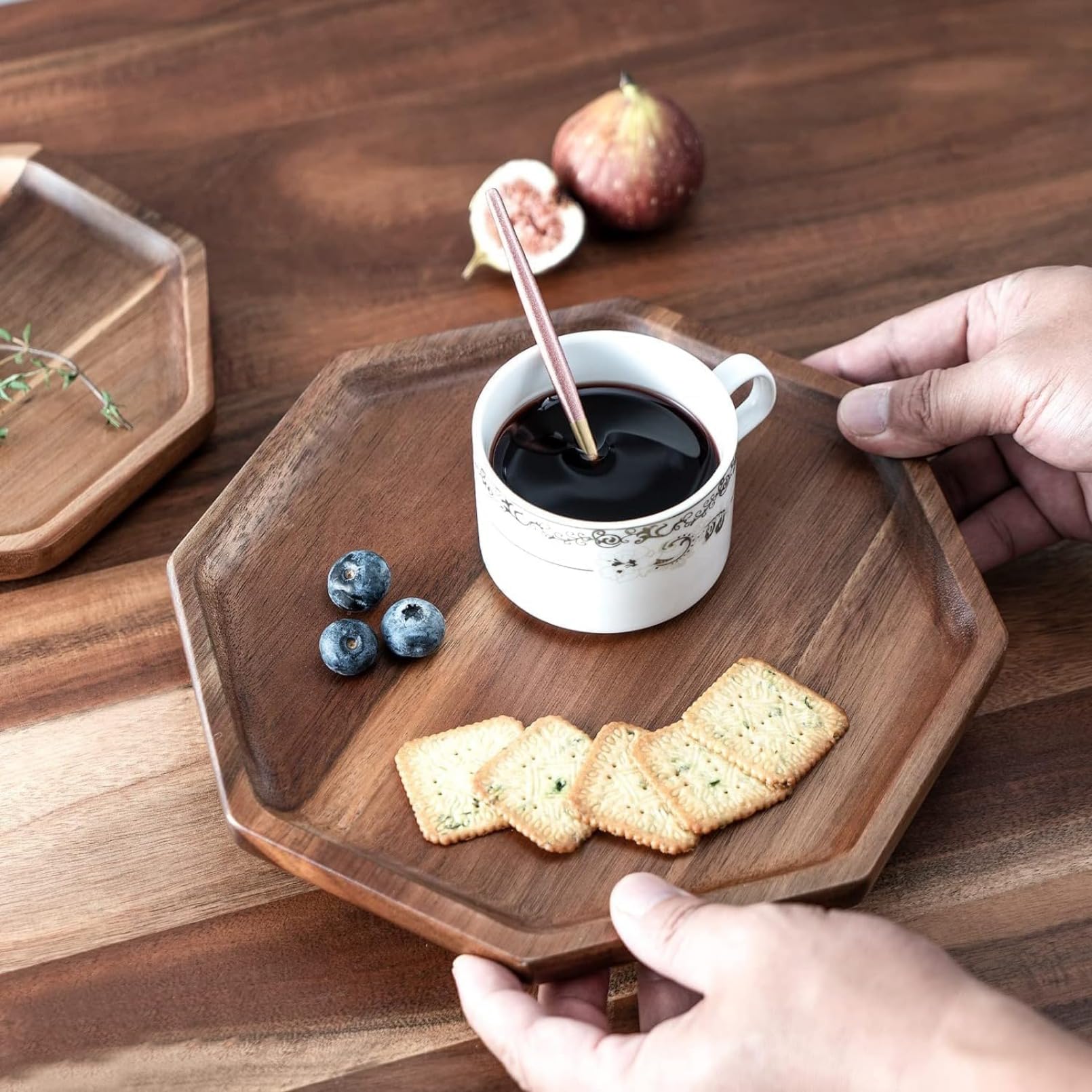 Amazon｜木製トレイ 木製トレー お盆 丸 八角形 アカシア天然木製 卓上