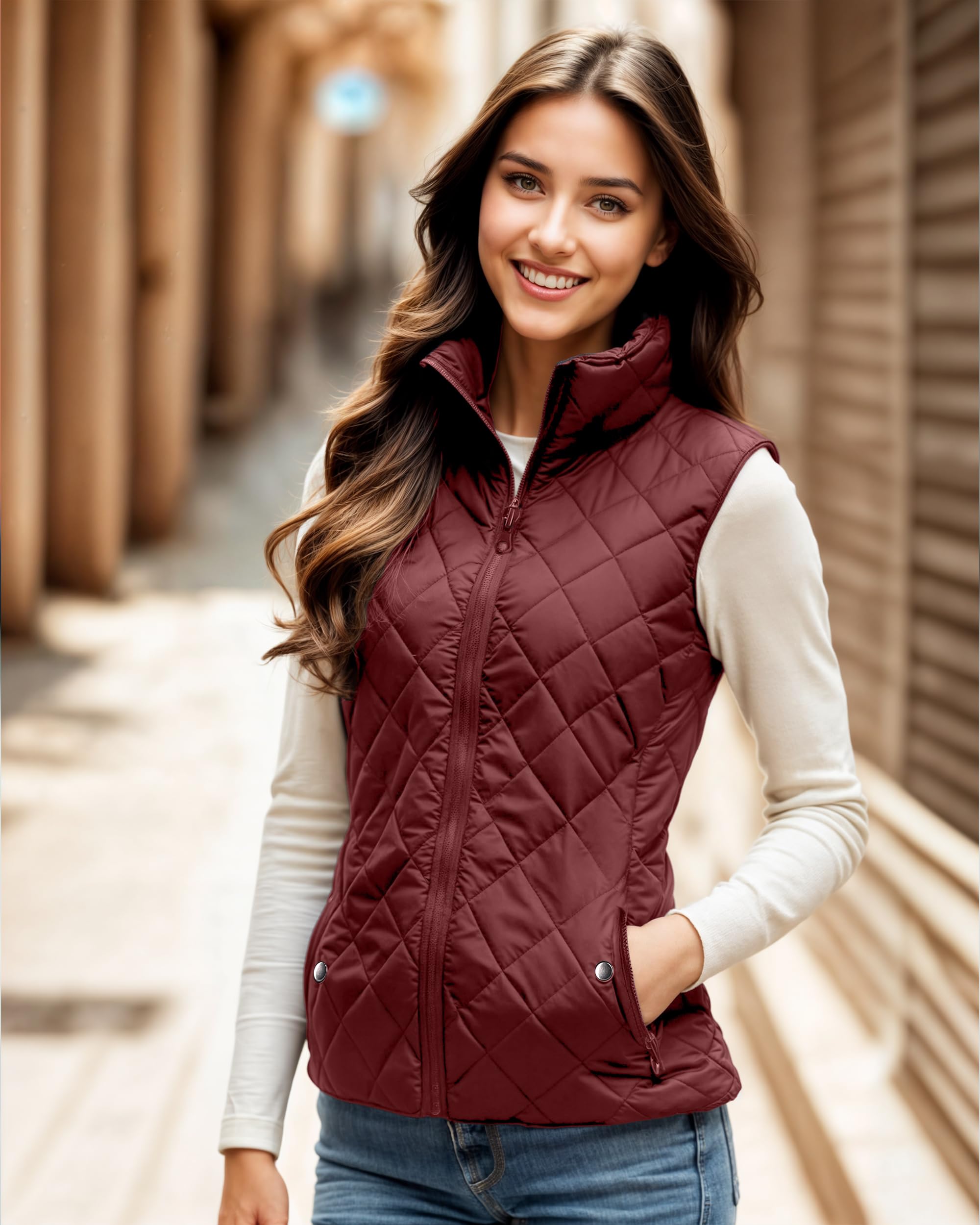 NY Threads Chaleco acolchado para mujer, ajustado, ligero, cuello alto, acolchado, con cremallera