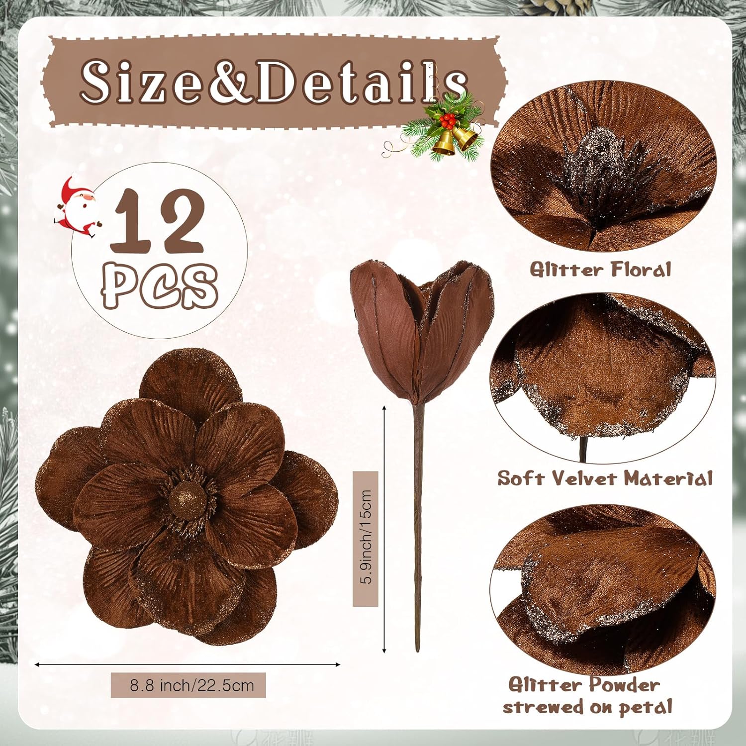 12 Pcs Large Velvet Christmas Poinsettia Magnolia Flowers Ornaments Glitter Big Heads Artificial Magnolia Flowers for Decoration Wedding Decor Supplies(Brown)
