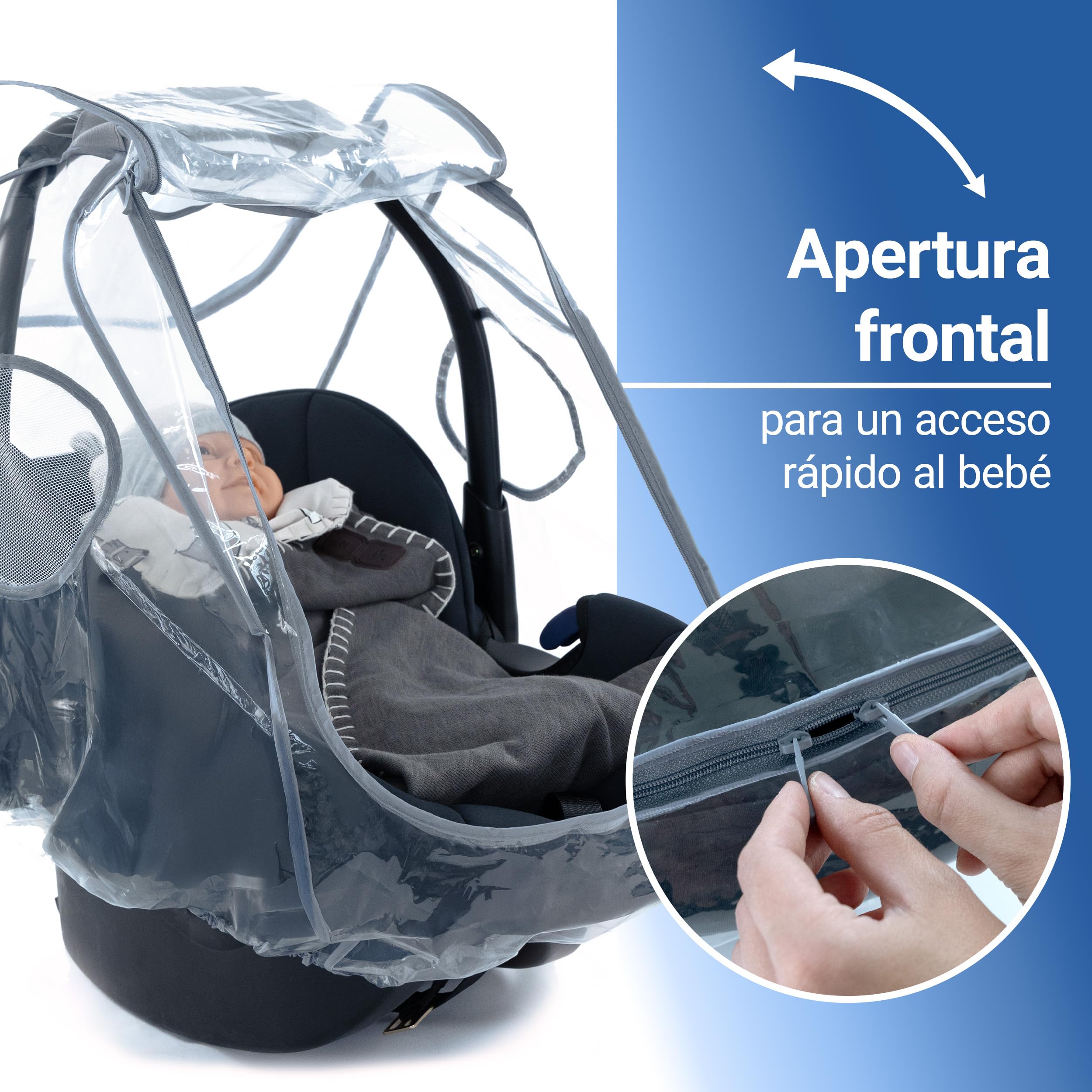 Zamboo Protector de Lluvia Universal Premium para Portabebés - Plástico Antilluvia para Grupo 0 - Compatible con Maxi Cosi | Cybex | Römer - Burbuja con Ventana Grande - Contacto Rápido - Sin PVC