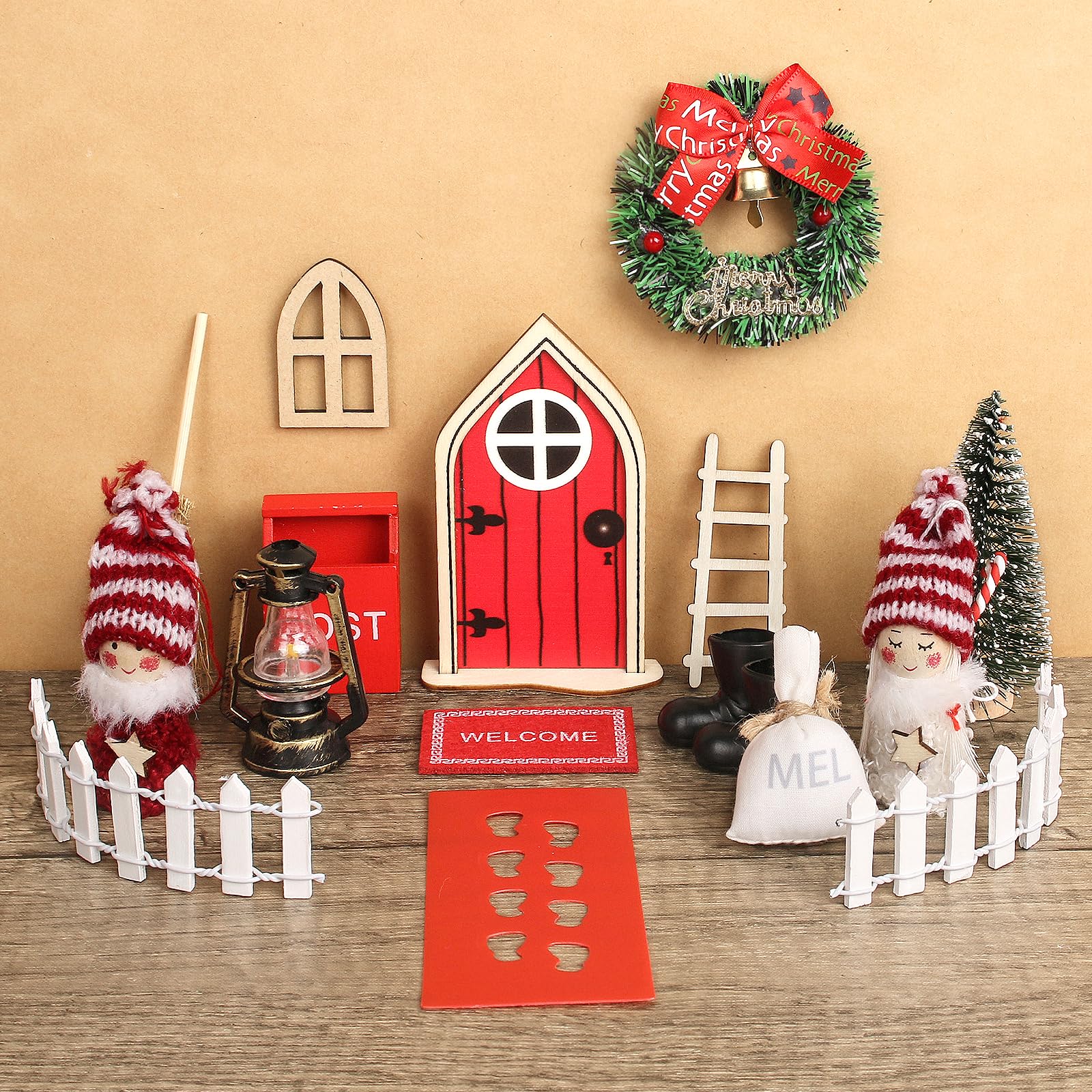 Vookkp Porta Elfo Natale Kit 19PCS Decorazioni Miniature Casetta in Legno Elf on the Shelf Kit ElfoNatale Decorazioni Natalizie Elfo Casa Delle Bambole di Natale
