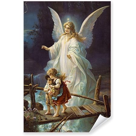 Lnxp Gemalde Schutzengel Auf Der Brucke Mit Kinder Ikonen Heiligenbild Mit Rahmen 56x46 Cm Religiose Bilder Heilige Maria Jesus Bild Gold Amazon De Kuche Haushalt Wohnen