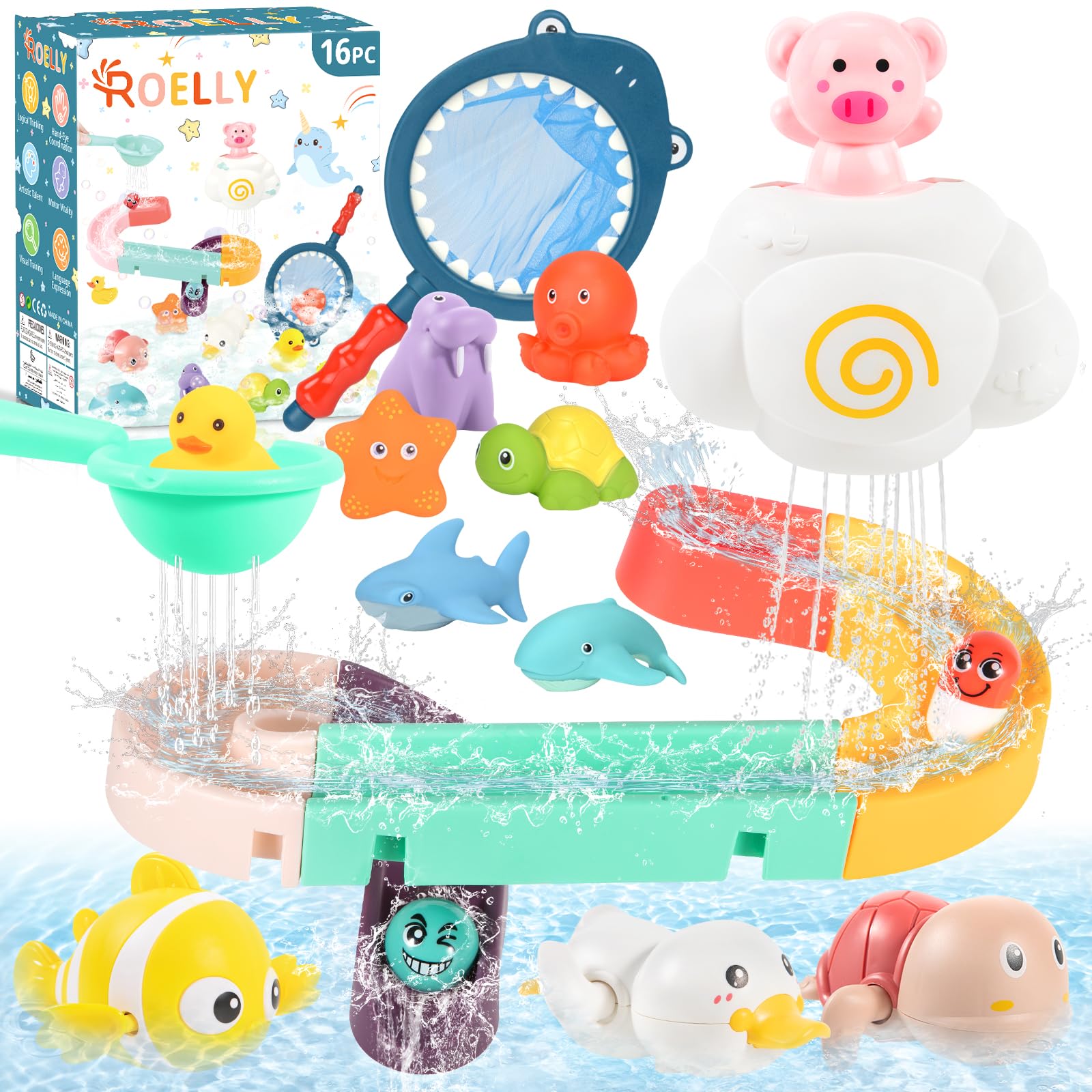 ROELLY Juguetes Baño Bebe, Juego de Juego Pescar Peces con Red de Pesca Flotante para Niños, Juguetes Bañera para Educación Temprana, Juguetes Bañera Bebe, Baño Bebe Juguetes Acuáticos de Vida Marina