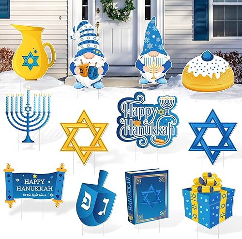 12 letreros de jardín con estacas de Janucá con estacas para jardín y exteriores, adornos de jardín de Janucá con 24 piezas de césped para