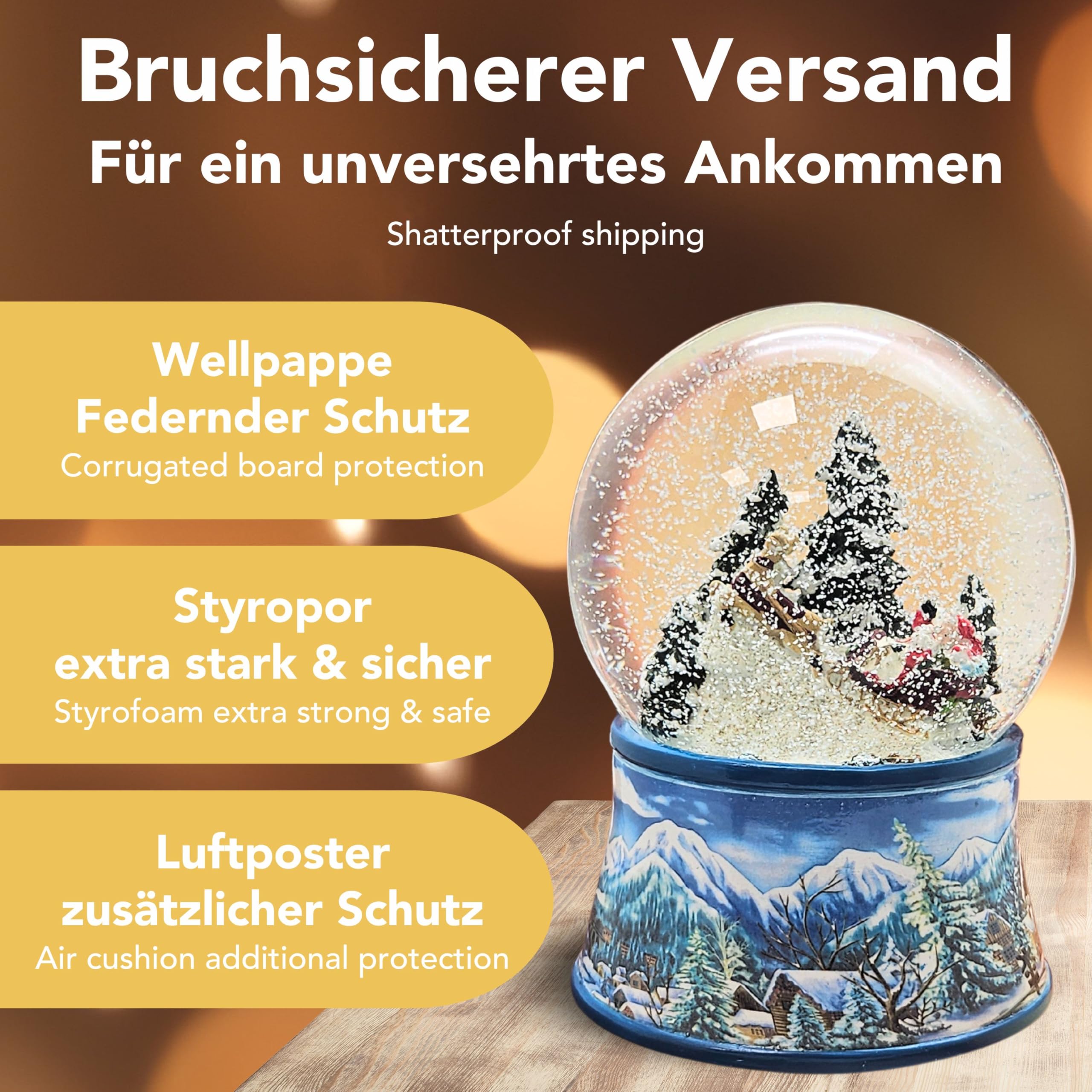 Schneekugel Weihnachten Spieluhr | Weihnachtsmann im Schlitten | Sockel Winterlandschaft hellblau | mit Musik | H:14 cm B: 10 cm | Schüttelkugel | 20103