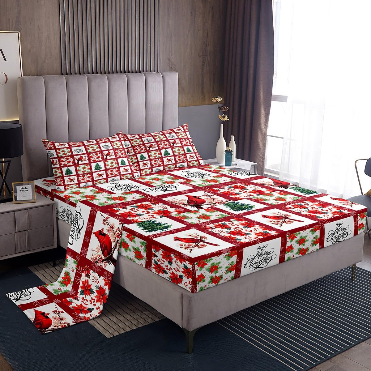 Feelyou Berries and Cardinals Pattern Printed Bed Sheets Set Full Size Snowflake Sheet Set Ultra Soft Christmas Tree Sheets with Deep Pocket Fitted
