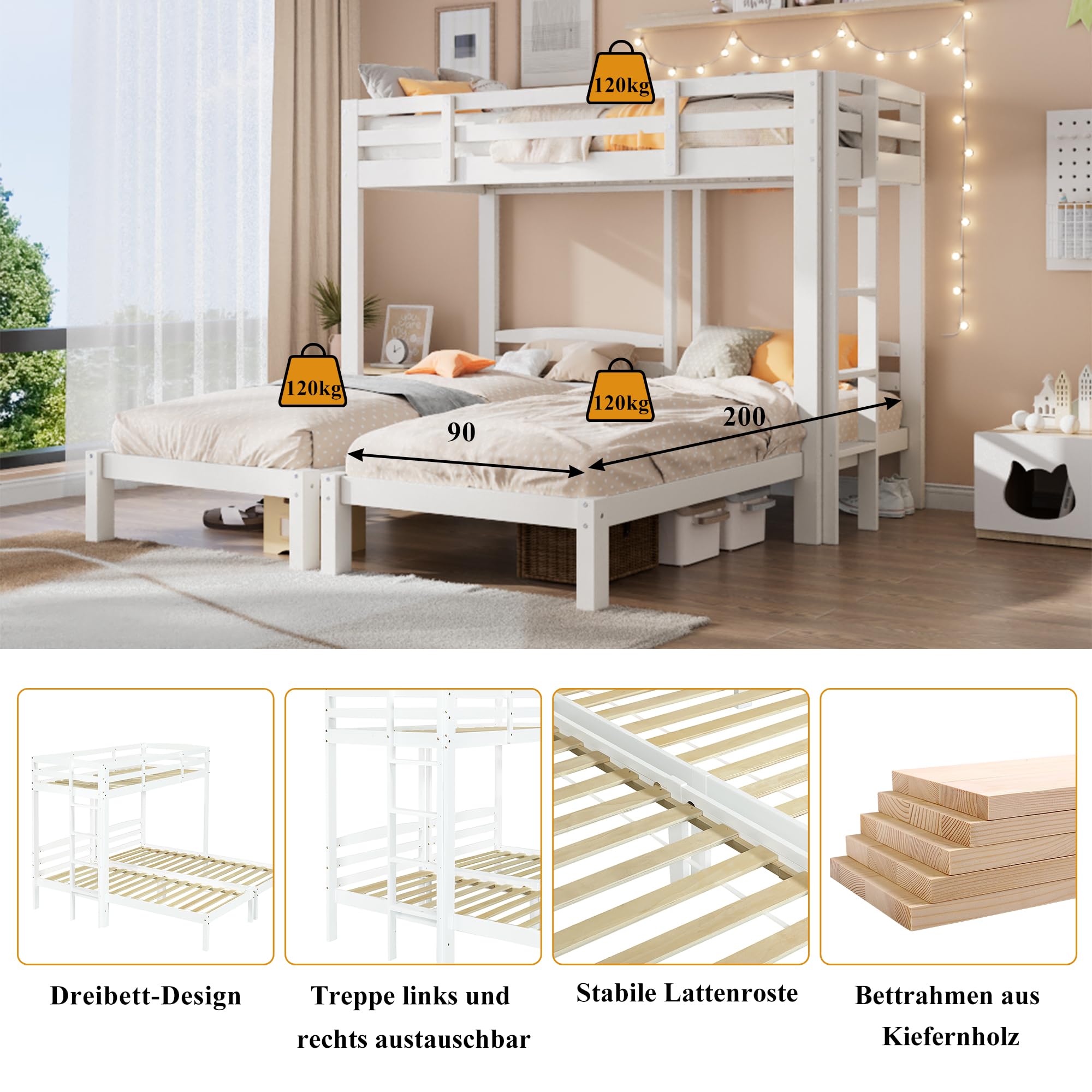 Cama Triple, litera Triple con Escalera Lateral para niños y jóvenes, Blanco (90 x 200 cm)