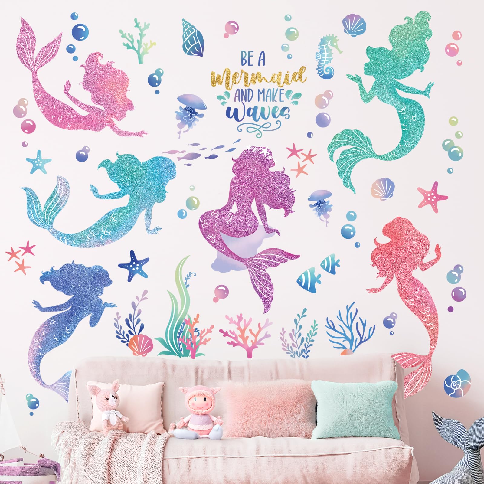 wondever Under The Sea Mermaid Bubble Glitter Wall Stickers Be A Mermaid and Make Waves Peel and Stick Wall Art Decals for Girls Bedroom Baby Nursery Kids Bedroom - Image 3