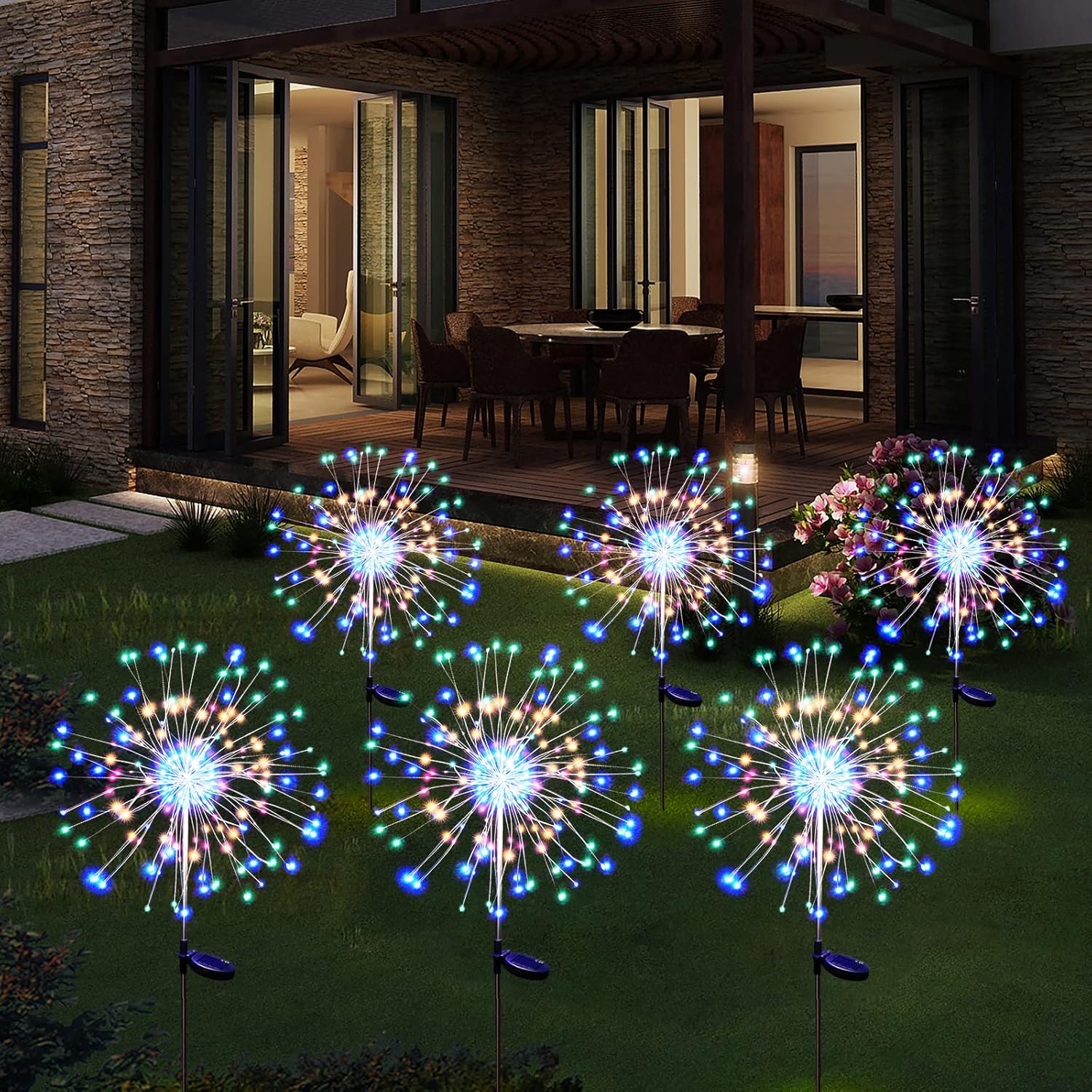 Solar Garden Firework Lights Outdoor Waterproof 2 Pack 150 LED Sparklers Solar Lights for Outside Patio Backyard Yard Pathway Walkway Decorations 4th of July Decorations (Colorful)