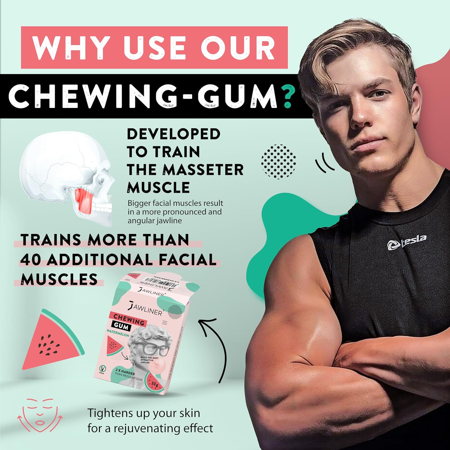 Jawliner® Hard Jawline Chewing Gum - Sugar Free Watermelon Tough Jaw Gum - Jaw Exerciser Strong Mewing Jawline Mastic Gum - 2x Harder than Regular Chewing Gum 330 Grams (120 Strips)