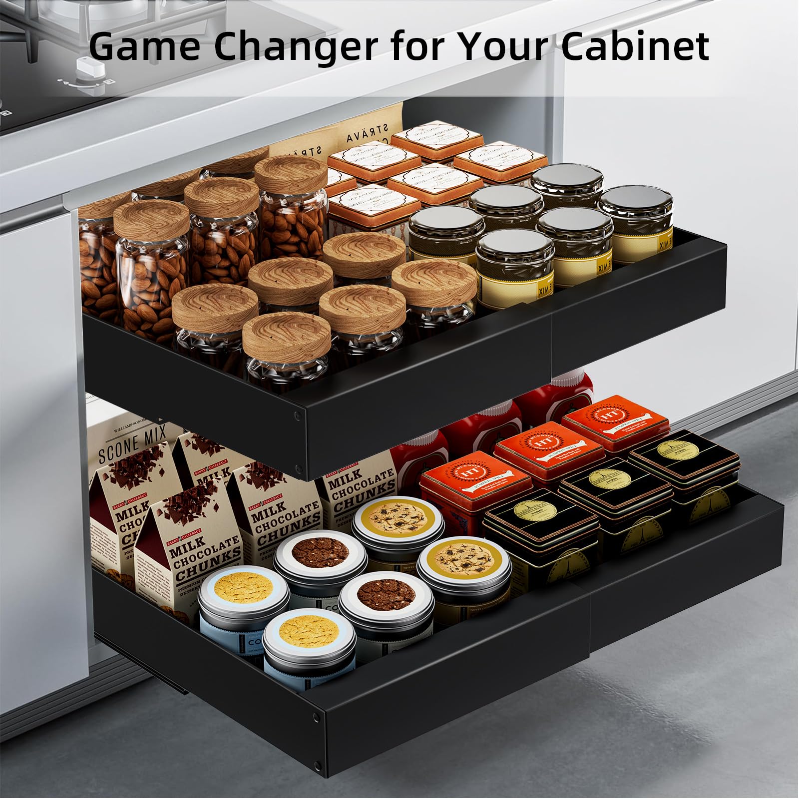 Organizer espandibile per armadietti, confezione da 2 cassetti scorrevoli adesivi per mobili da cucina, dispensa, bagno, cassetti scorrevoli, resistenti, per cucina, confezione da 1