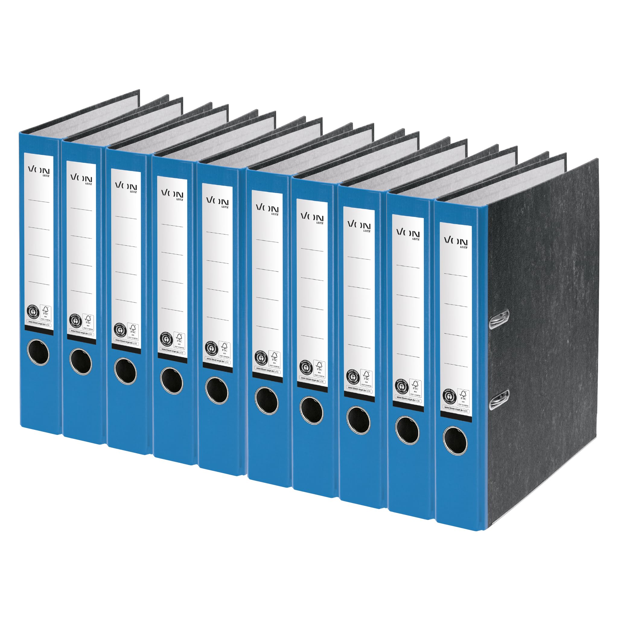 VON Leitz 10540035 A4 Folder, 100% Recycled Paper, 50 mm Spine Width, for 350 Sheets, Blue Angel & FSC Certified, for School, Study & Home, Blue, Pack of 10