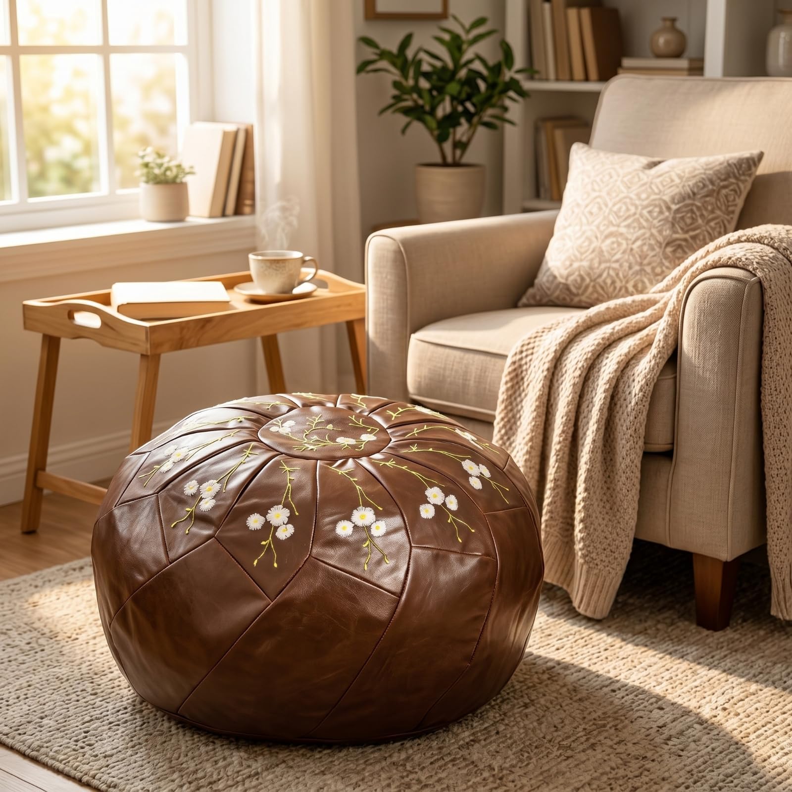 kowaku Pouf Contenitore Rotondo Poggiapiedi Sgabello Cassapanca Pelle Cerata con Ricamo E Finitura Morbida Vano Interno per Piccoli Oggetti Accesso Pratico, Marrone Scuro