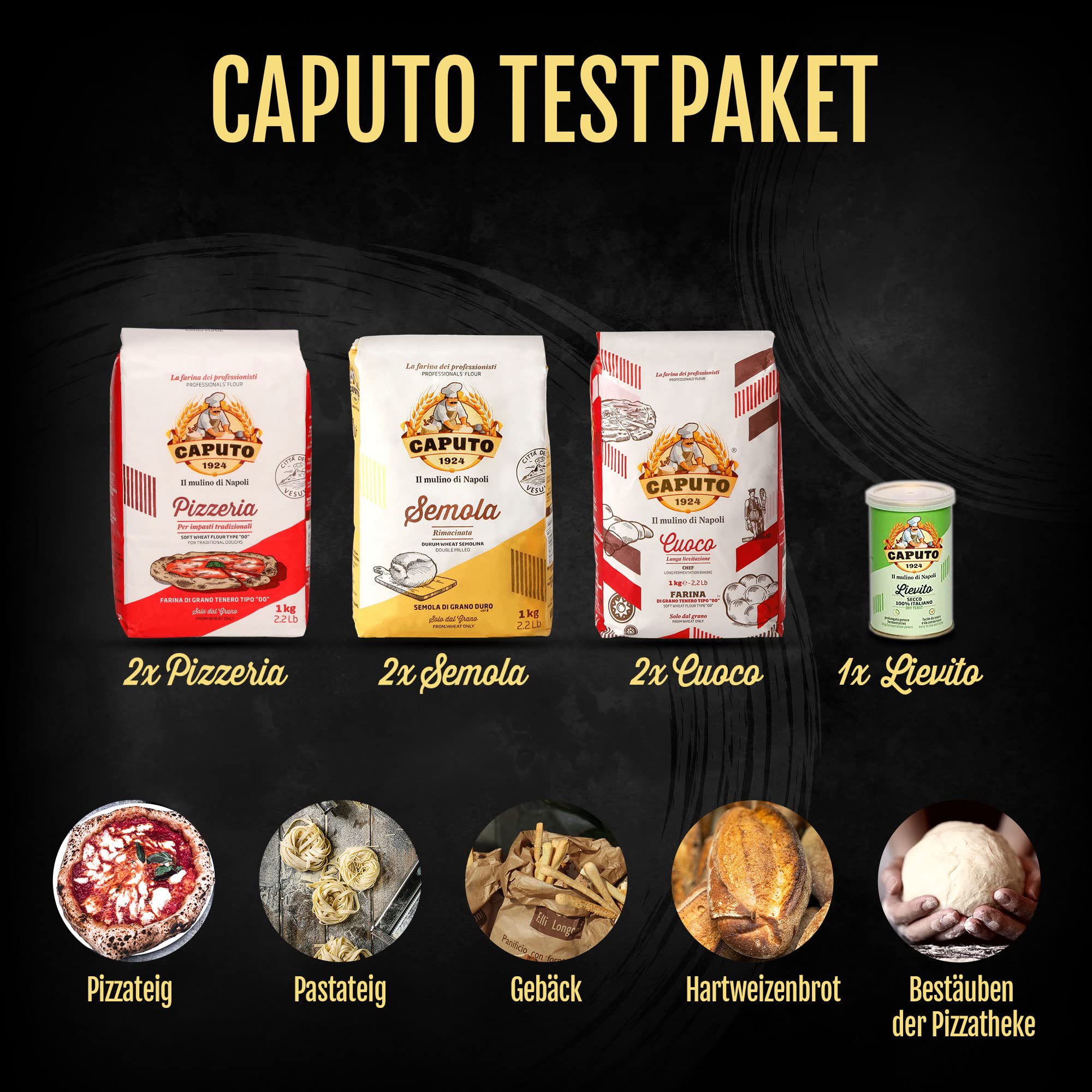 Caputo Testpaket - 2x 1kg Cuoco + 2x 1kg Pizzeria + 2x 1kg Semola + 1x 100g Lievito Trockenhefe