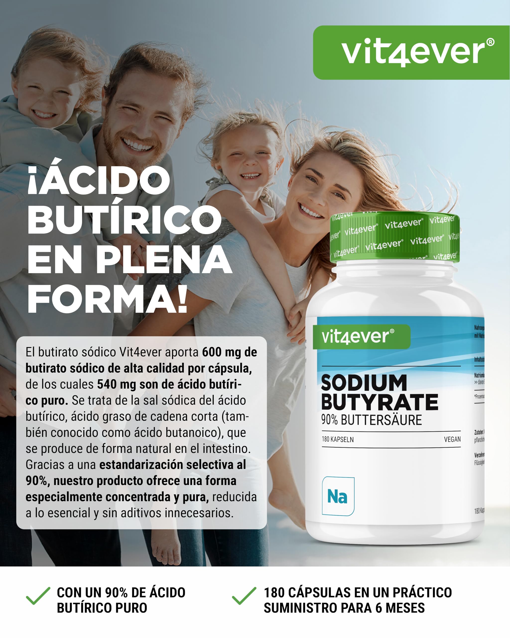 vit4ever Butirato de Sodio - 180 Cápsulas con 600 mg - Premium: 90% Ácido Butírico - Butirato de Sodio puro sin Aditivos no deseados - Alta Dosificación - Vegano