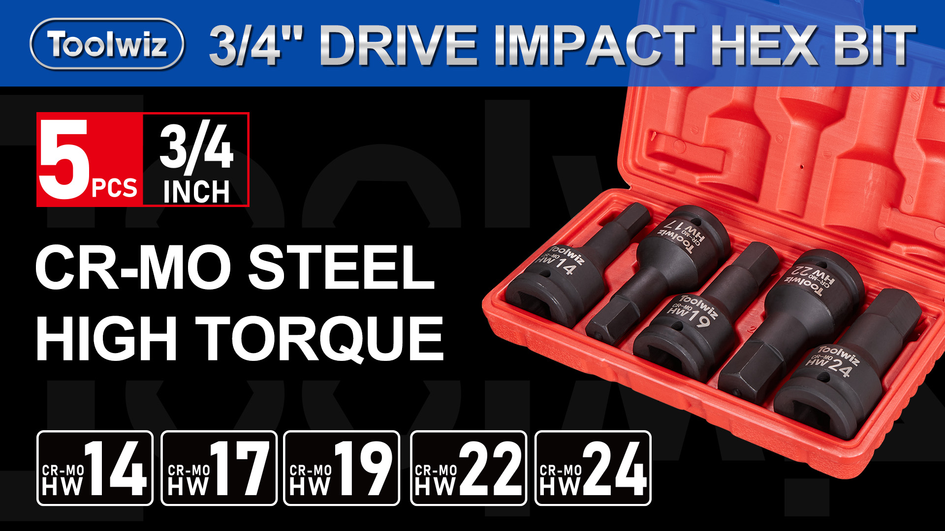 Toolwiz 3/4 Inch Drive Impact Hex Bit Set, 5-Piece Metric 14mm