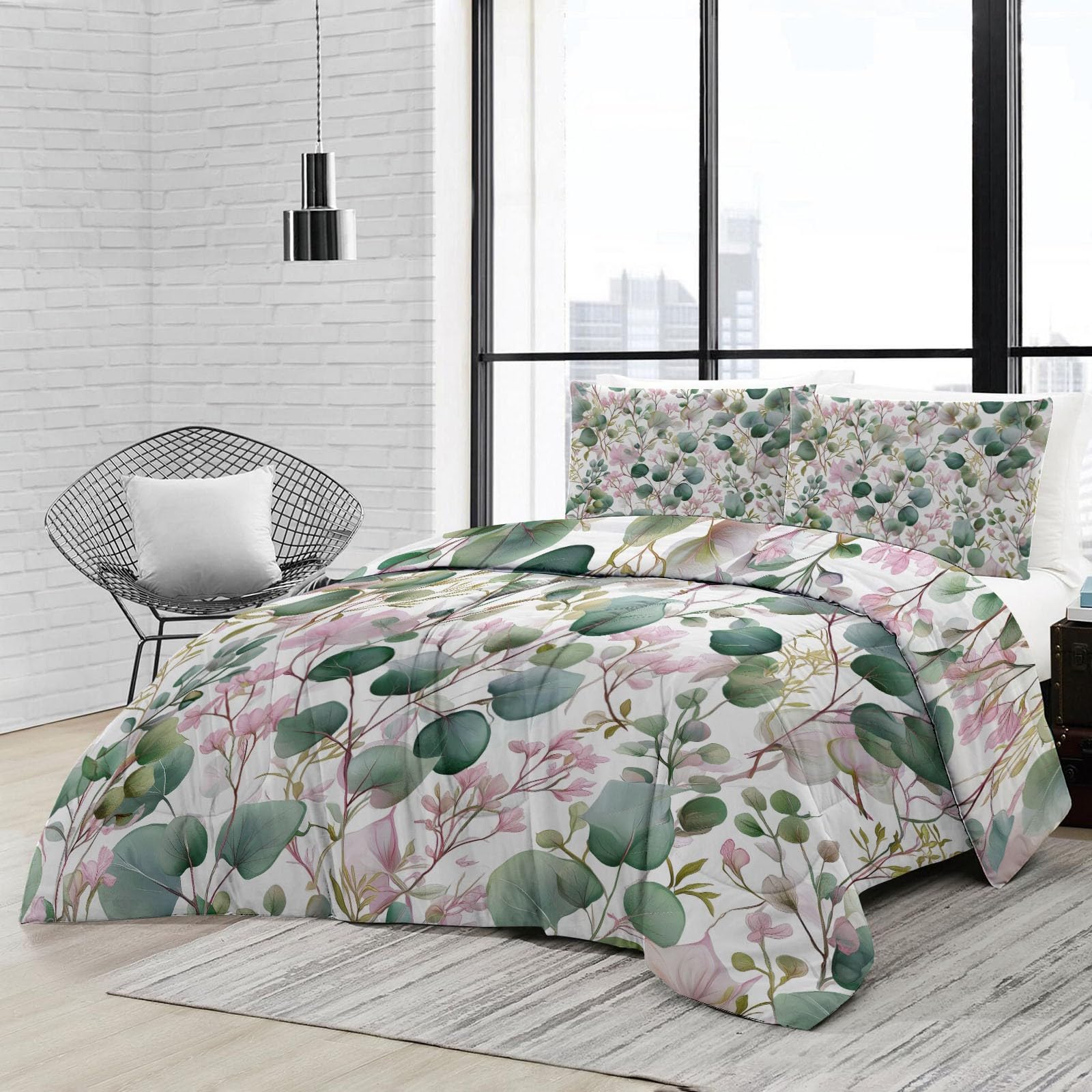 Bettdecke 4-Jahreszeiten Steppdecke in 135x200 cm mit Pflanzen Eukalyptusblätter Wildblumen, Warme und Weiche Schlafdecke ohne Bezug mit 2 Kissenbezügen, Rosa Grün