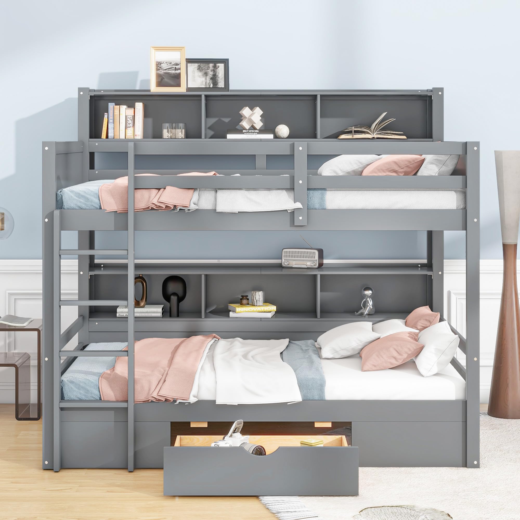 Estructura de cama nido de 90×200 cm Idemon EN747-1 (Gris, MDF de madera maciza, 2 cajones + compartimentos de almacenamiento), Cama nido minimalista para niños y huéspedes con compartimento lateral