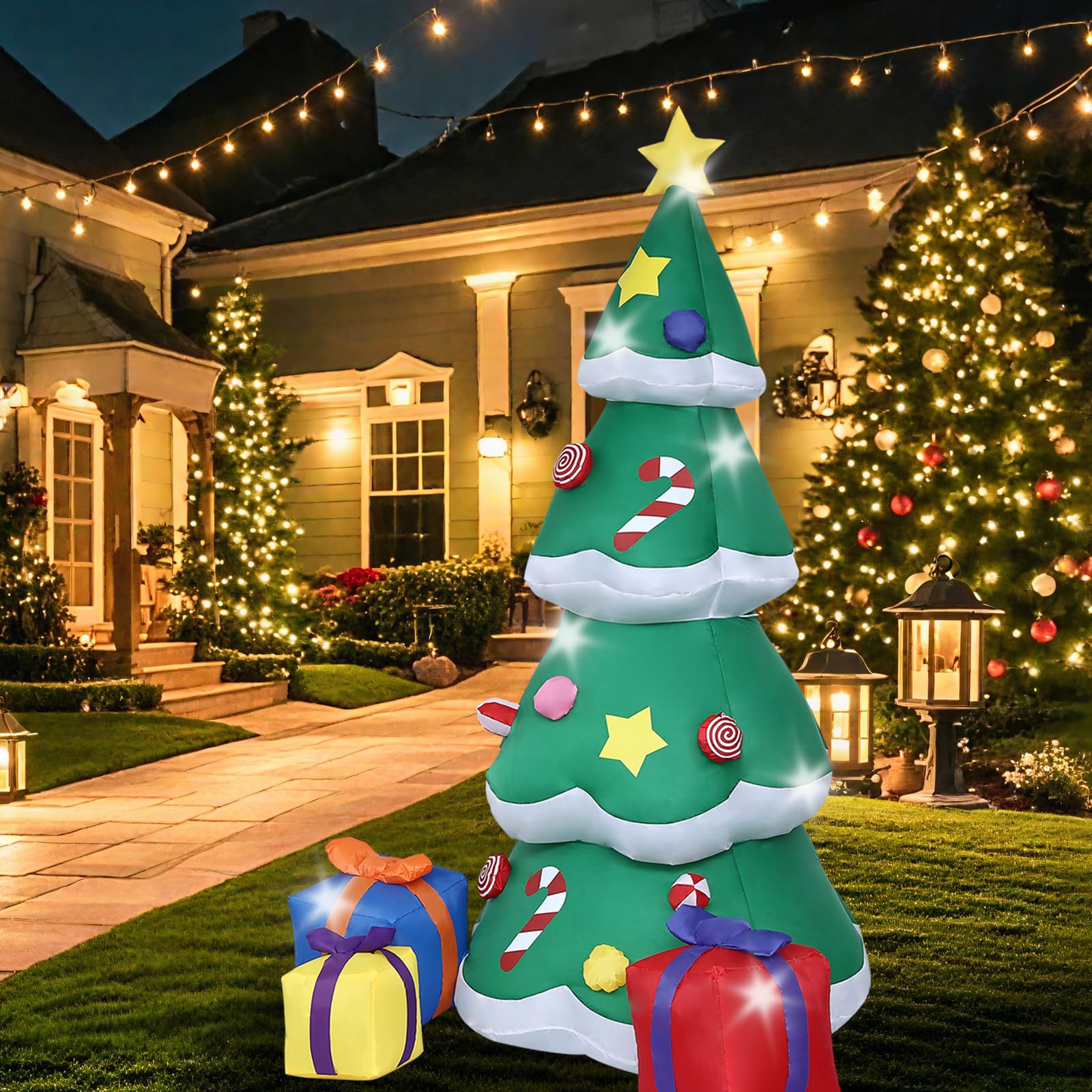 OHMG 2,1 m Decorazione natalizia per esterni, gonfiabile, con luci a LED, albero gonfiabile, con sacchetto regalo, gonfiabile, per giardino, prato, terrazza, festa