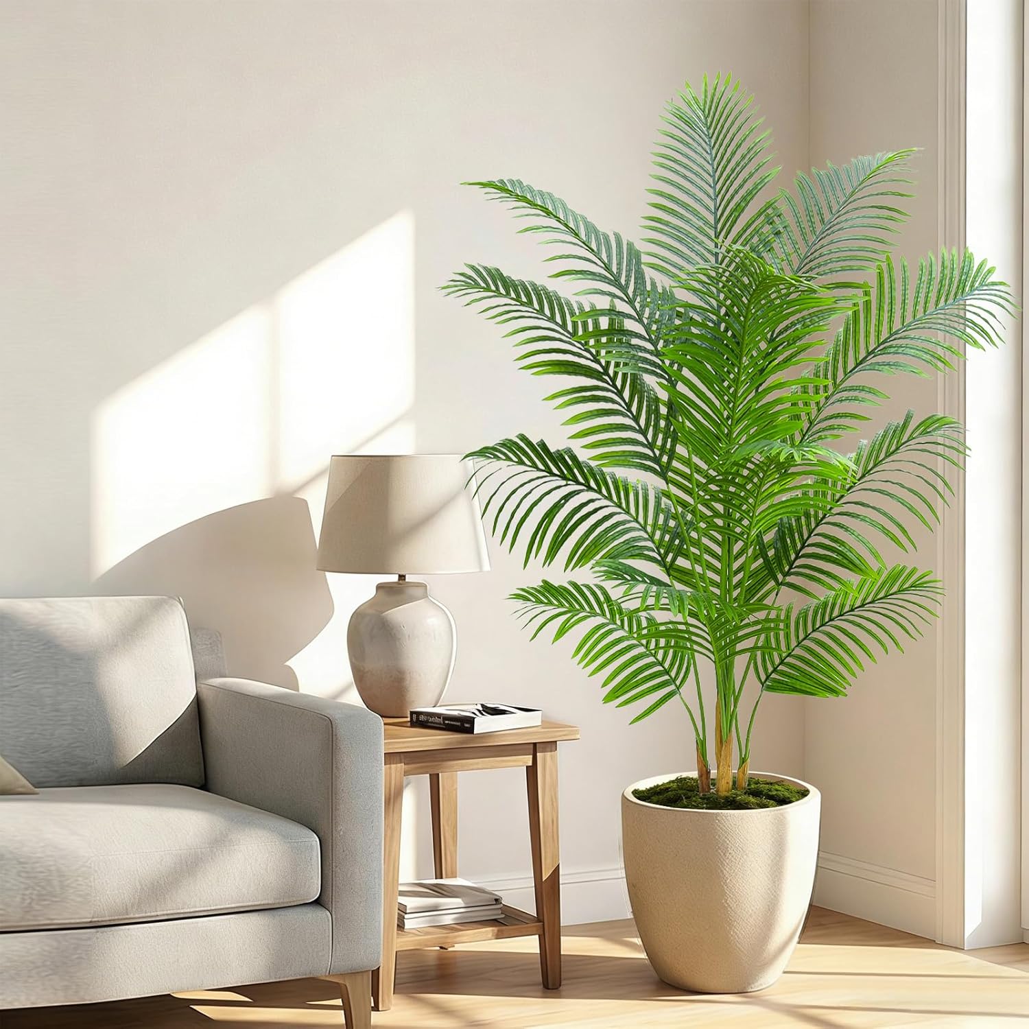Artificial Palm Tree Plant 6FT Tall Fake Tropical Palm Tree in Pot, Real Bark Design Faux Areca Palm Tree for Home Office Living Room Bedroom Farmhouse Modern Indoor Outdoor Topiary Tree (18 Trunks) - Image 8