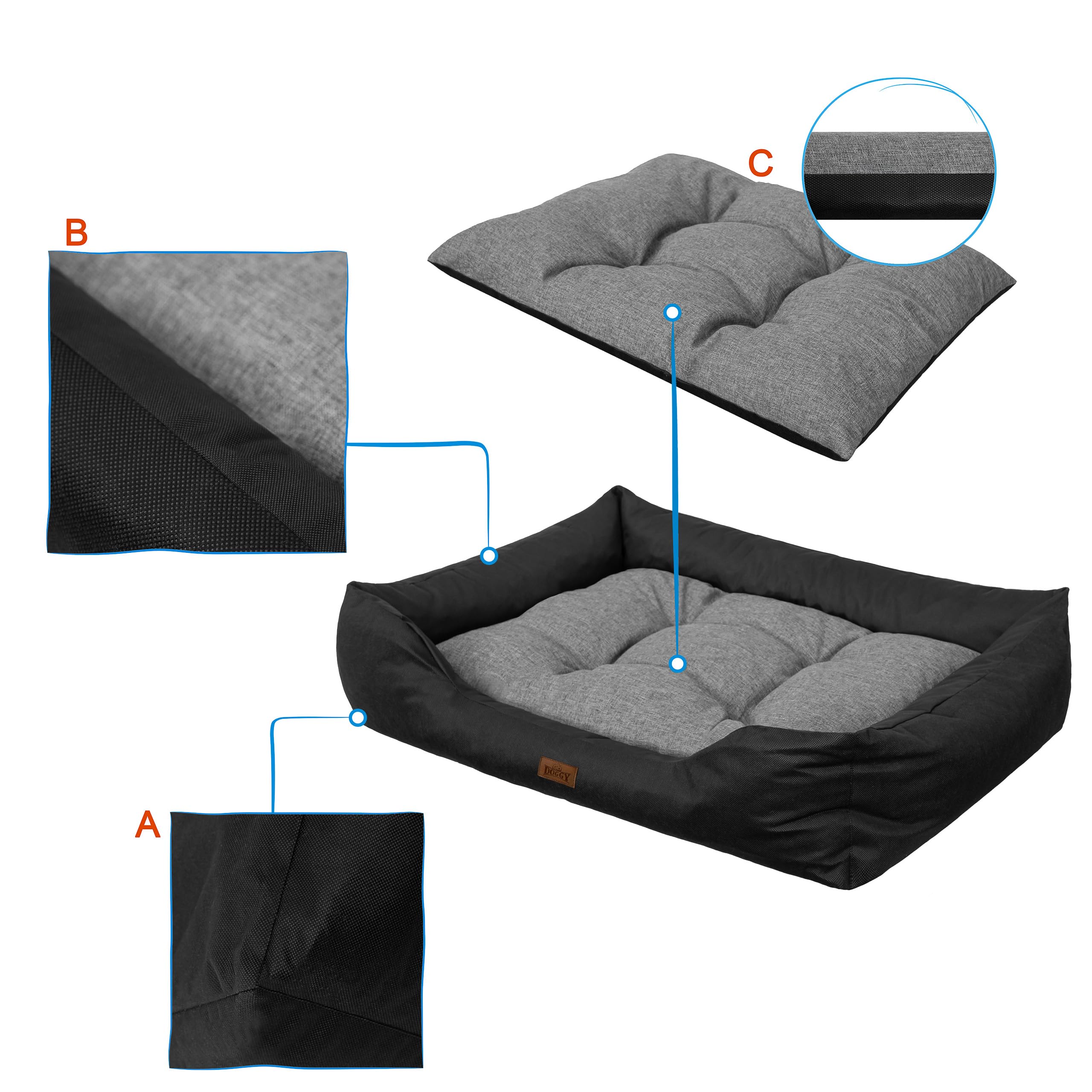 DOGGY Cama para perros, cojín para perros con aspecto de lino, fácil de limpiar, bordes elevados, M, para perros pequeños, 84 x 65 cm, grafito