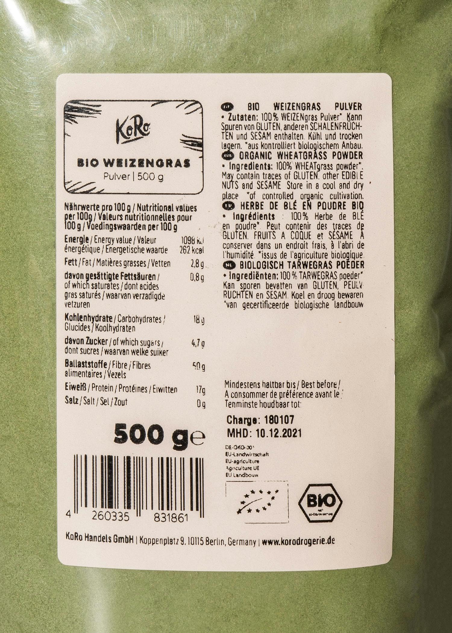 KoRo - Polvere di erba di grano bio 500 g - confezione convenienza - versatile e dal gusto fresco - superfood
