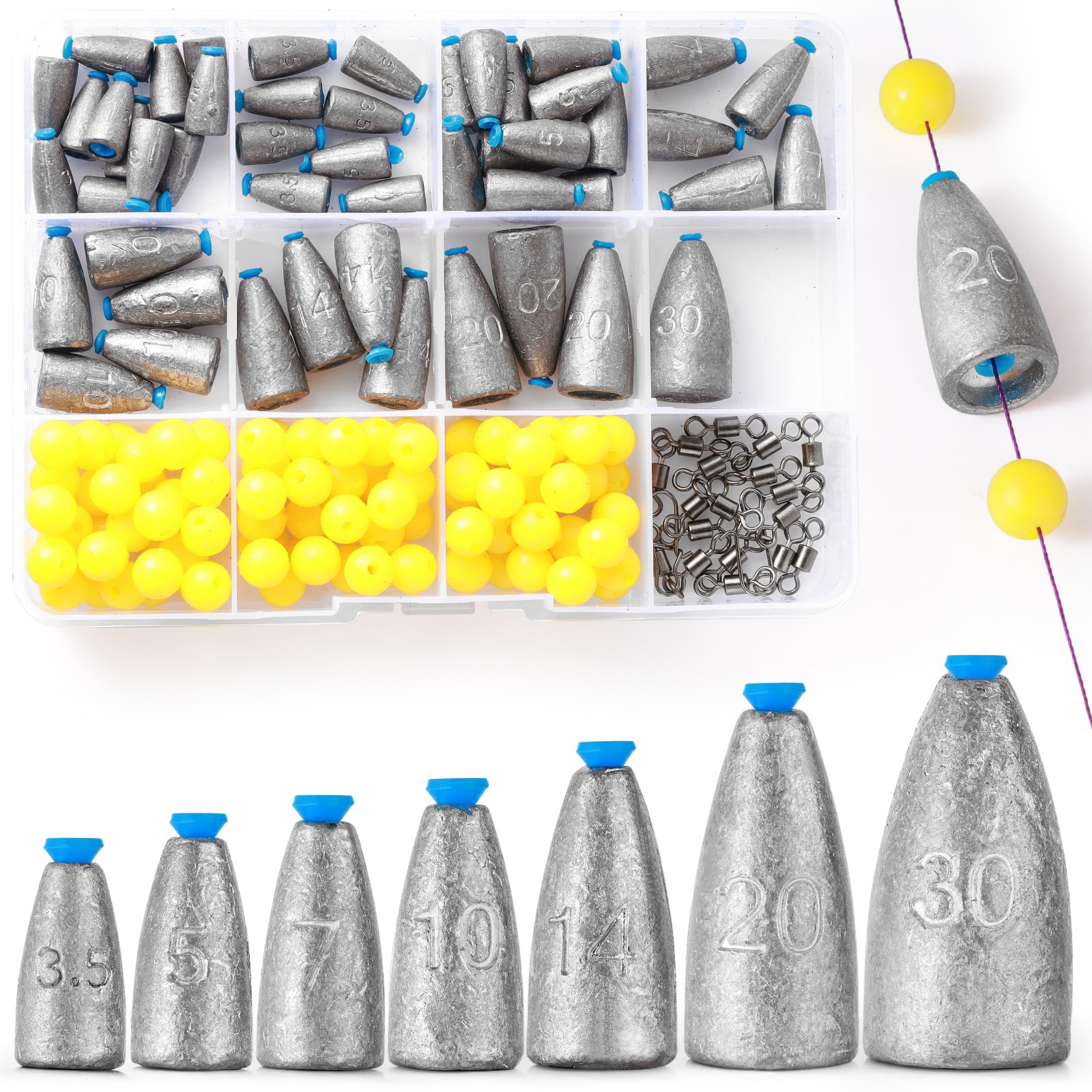 VEPEPE 50 Pcs Bullet Fishing Weights with Plastic Core, 100 Beads, 20 Swivel, Iron Deep Sea Fishing Weights 3.5g 5g 7g 10g 14g 20g 30g, for Saltwater Freshwater Mackerel (50, 7 Sizes)