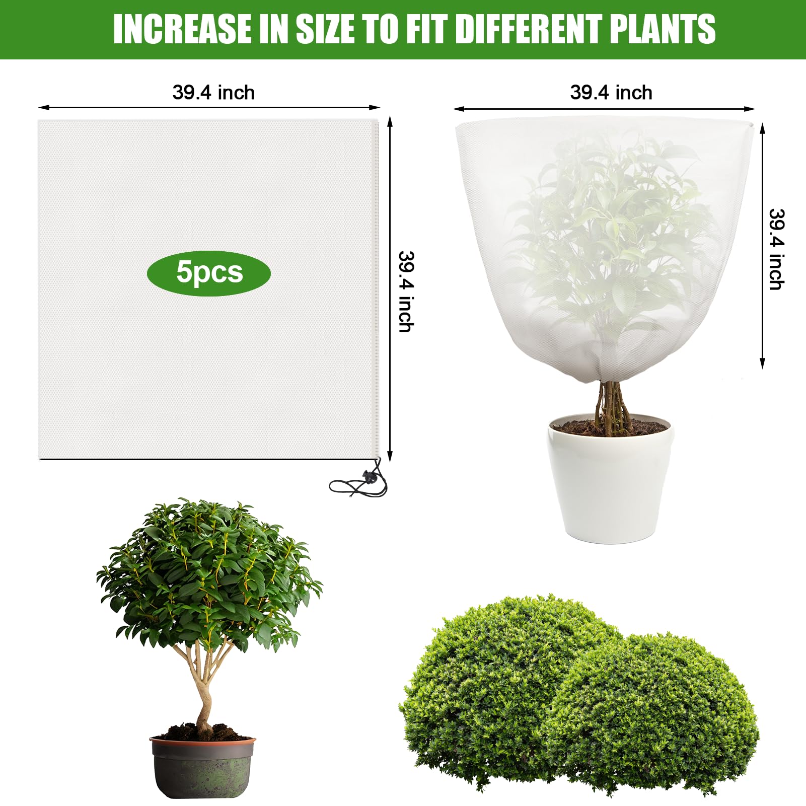 NNG 5 fundas de invierno para plantas, protección contra la congelación de 47.2 x 47.2 pulgadas, cobija de escarcha con cremallera y cordón, protector de plantas, chaqueta de arbusto, cubierta de