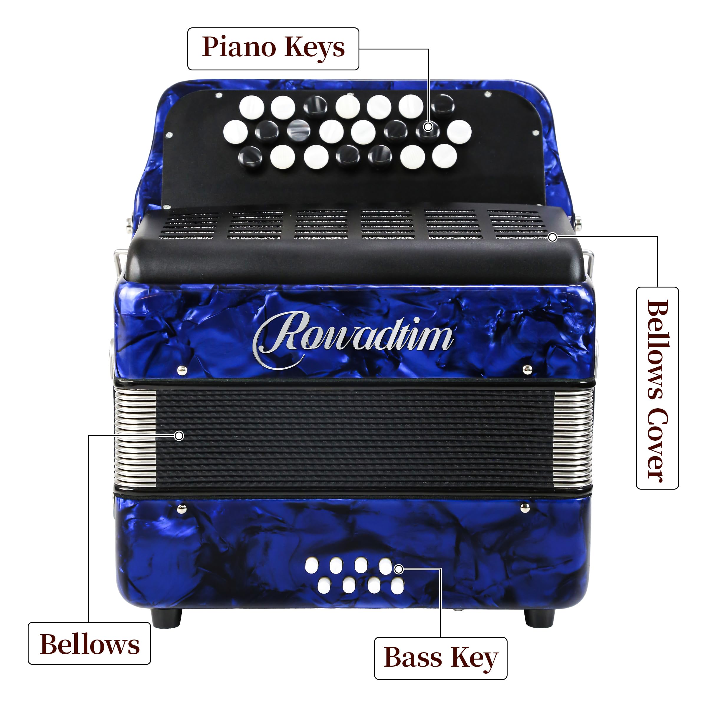 Accordion - 22 keys 8 bass, lightweight piano accordion for beginners, vibrant design for beginners and adults for easy learning (8 Bass, Blue)