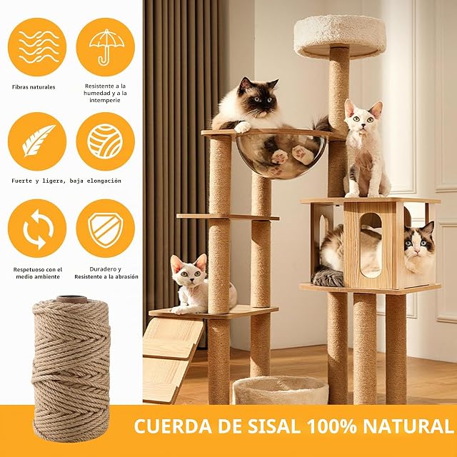 Foto 2 de 7 de Cuerda De Yute 60m x 6mm，Cuerda De Sisal Natural，Rascador para Gatos，para reemplazo y reparación Recambio…