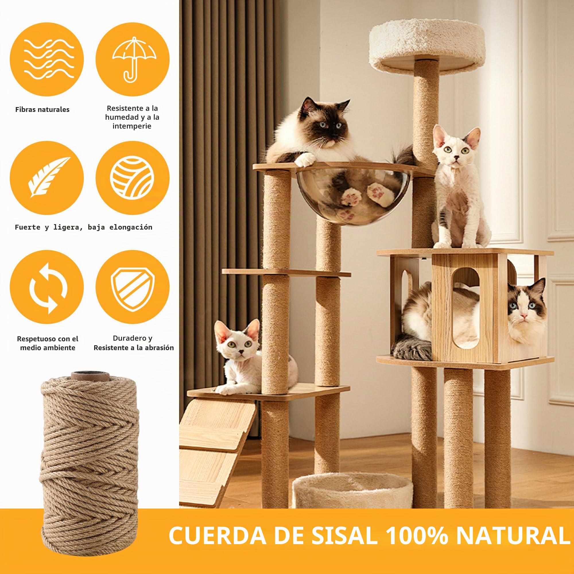 Cuerda De Yute Natural De 60 M X 6 Mm, Cuerda De Cáñamo De 4 Hilos Para Rascadores De Gato, Manualidades, Decoración Y Bricolaje