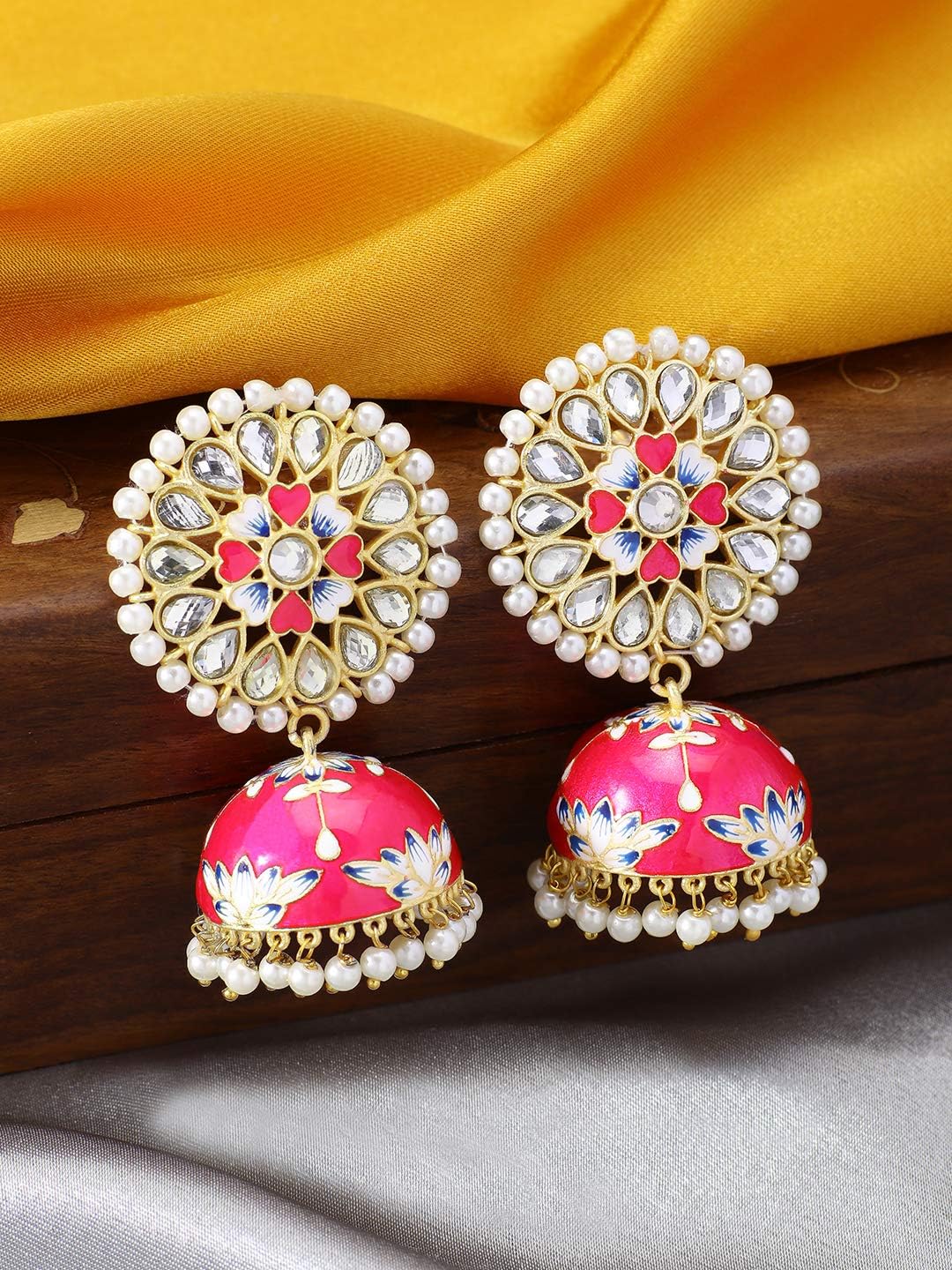 Aheli Handcrafted Faux Kundan Studded Floral Enamel Jhumka Jhumki Earrings Set Indian Ethnic Traditional Wedding Wear Fashion Jewelry Gift for Women