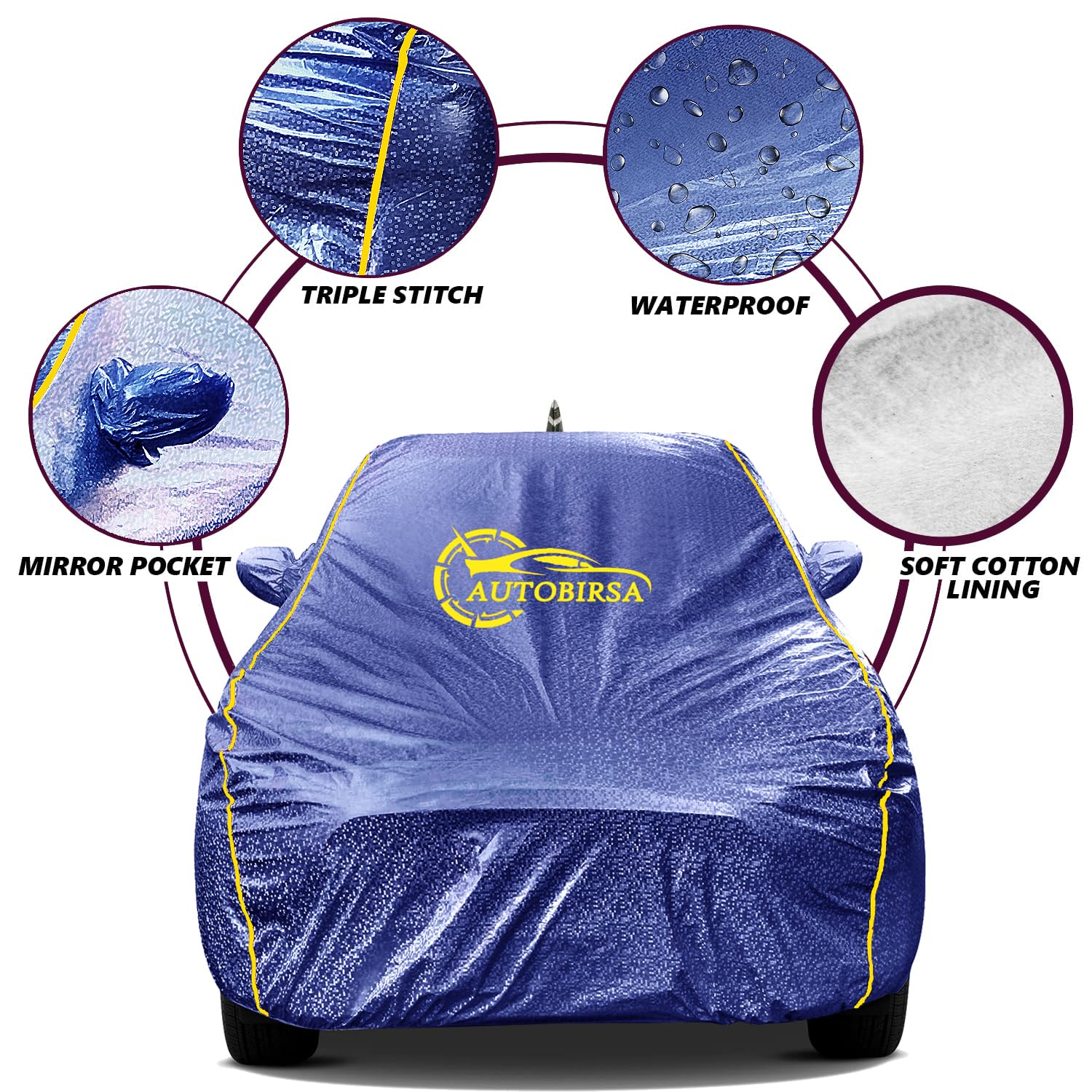 AUTOBIRSA Waterproof Car Body Cover for Hyundai Exter Car Cover with Mirror and Anteena Packet Fully Sefty Car Cover (Oxford Fabric & Mattellic Blue with Yellow Piping) 1