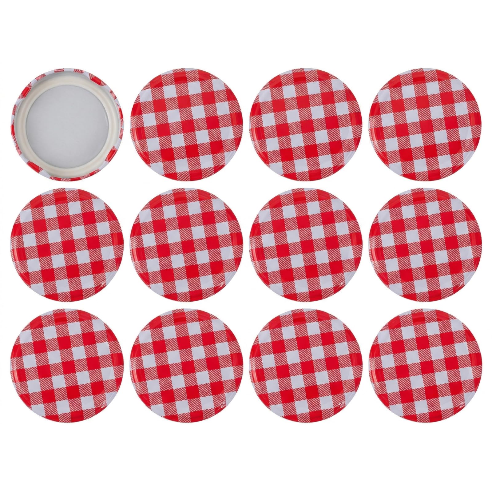 Jam jars with lids - 12 replacement screw-on lids, 63mm size, tinplate material, food grade, red checkered pattern, with lid and jam jar wax paper.