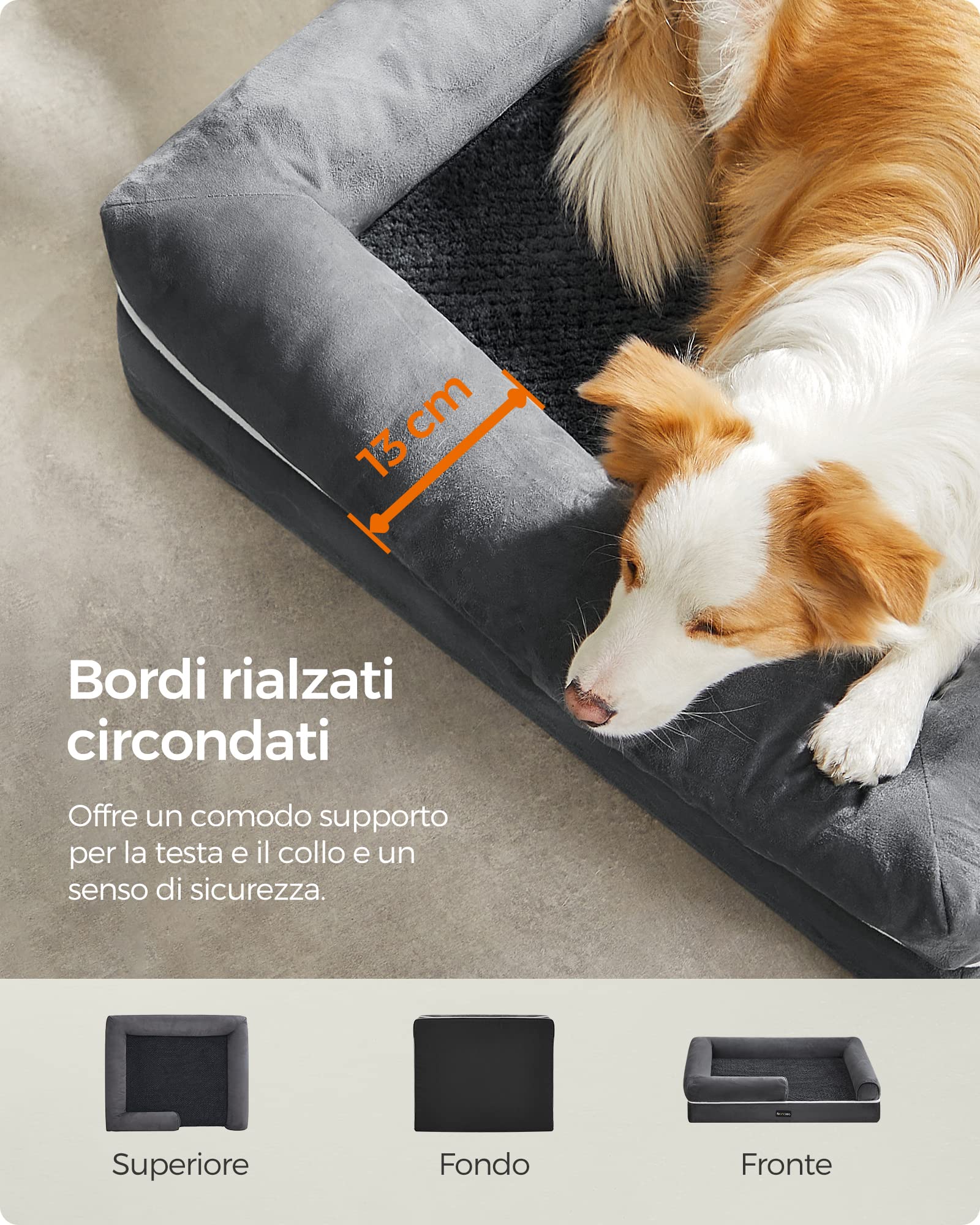 Feandrea Cuccia per Cani Ortopedica, Letto Divano per Animali, Imbottitura Morbida, Bordi Rialzati, Copertura Sfoderabile e Lavabile, 91 x 71 x 20 cm, Fondo Antiscivolo, Grigio Scuro PGW076G01