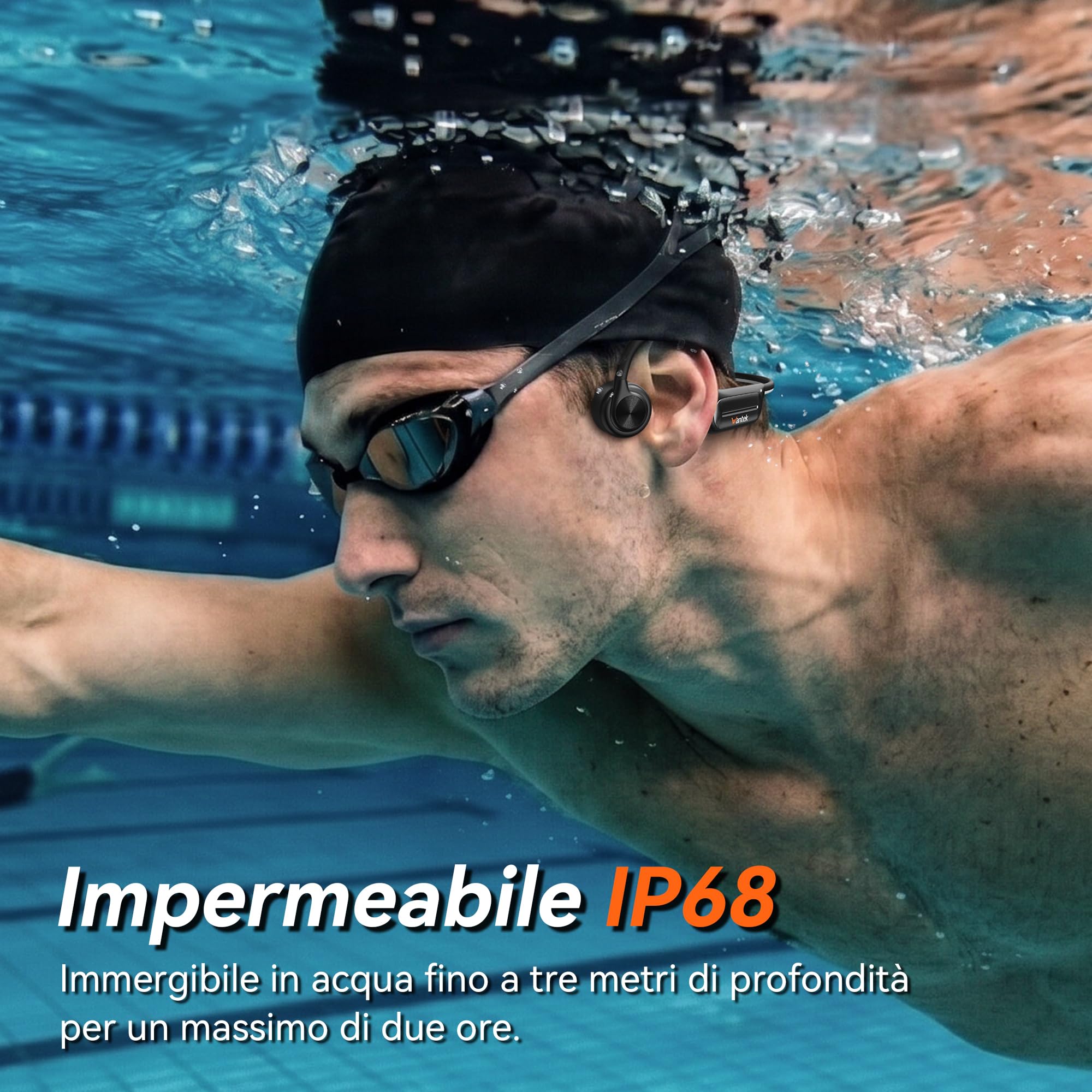 Wantek - Cuffie a conduzione ossea per nuoto IP68 impermeabili, Bluetooth 5.3 a orecchio aperto con lettore MP3 da 32GB, cuffie sportive senza fili per nuoto, corsa, ciclismo, 8 ore di batteria