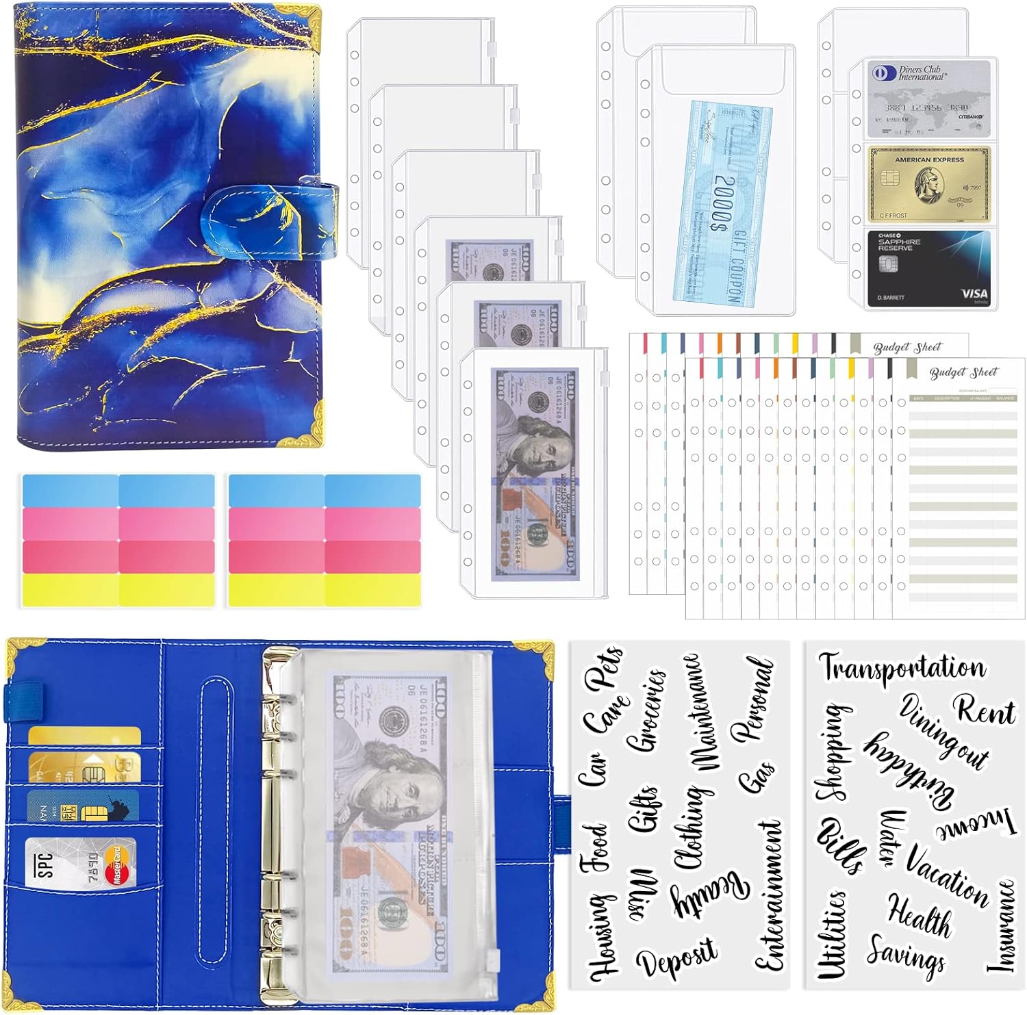 Budget Binder with Cash Envelopes and 24 pcs Budget Sheets, Money Organizer for Cash, Cash envelopes for Budgeting and Saving, Mini Binder with Zipper Envelopes, Money Saving Binder