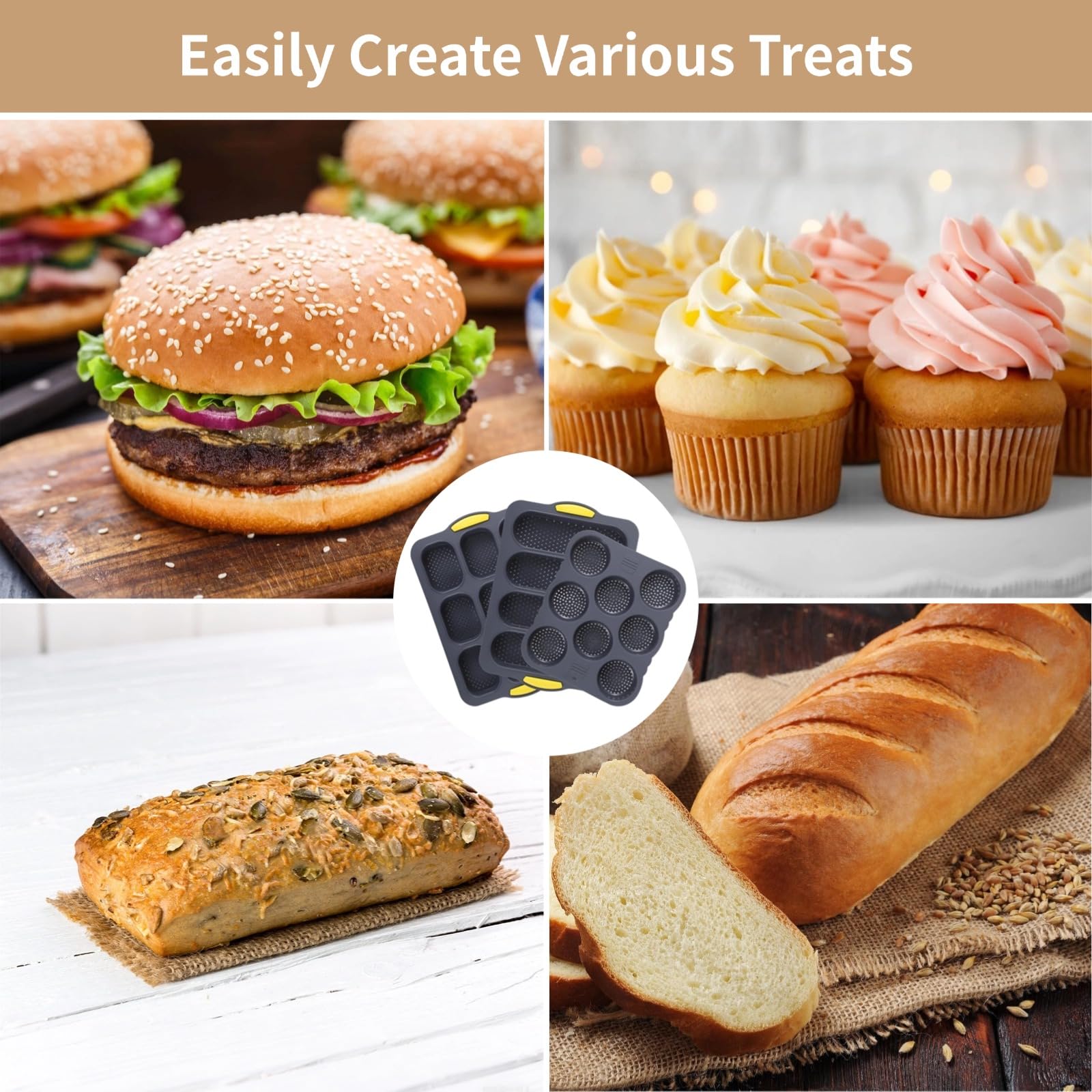 Juego de 6 moldes para hamburguesas para hornear, molde de pan de hamburguesa de 4/8/9 tazas, molde de silicona para hornear pan francés con cepillo, espátula y guante de agarre, sartenes perforadas