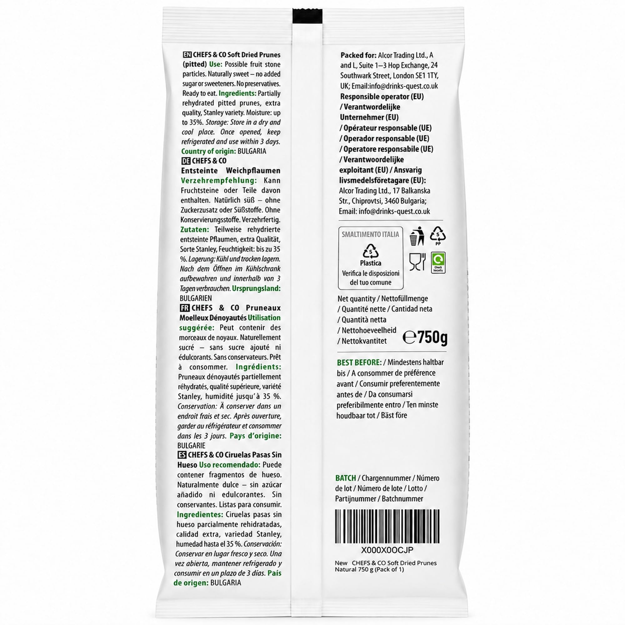CHEFS & CO Ciruelas Pasas Blandas Sin Hueso | Frutas secas enteras | Tentempié saludable | Vegano y con vitaminas conservadas | Sin sulfitos | Sin azúcares añadidos (Natural, 750g Pack de 1)