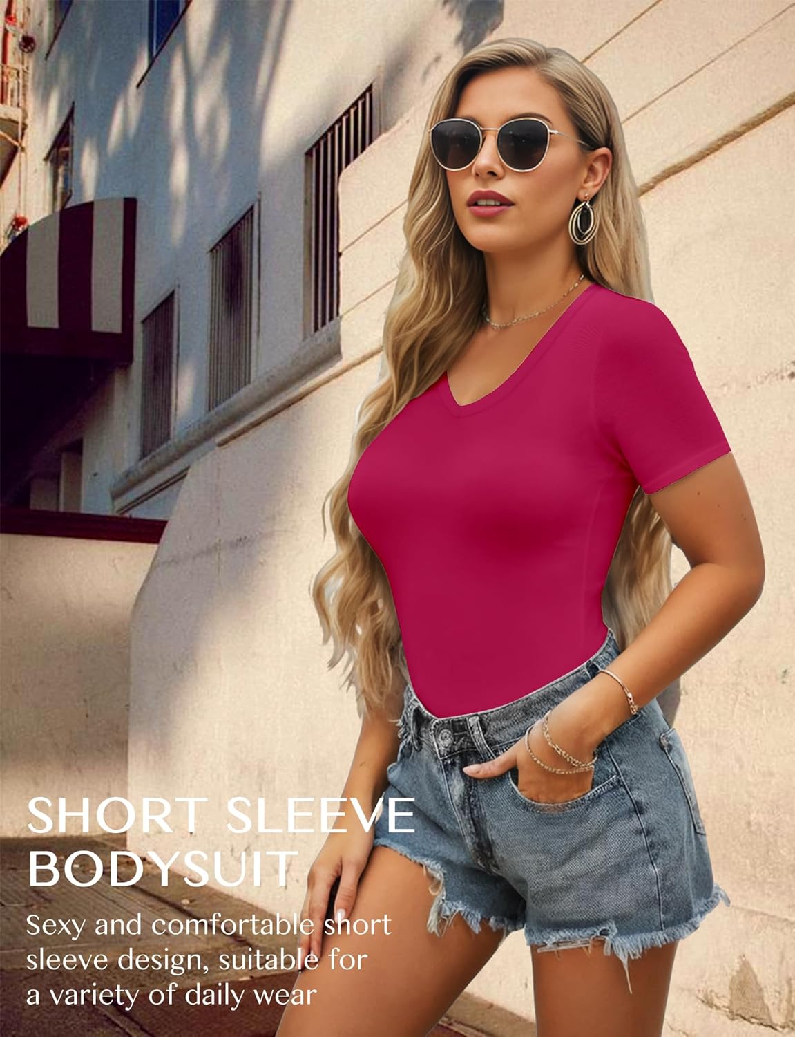 YOGINGO Womens V Neck Bodysuit Short Sleeve Bodysuits For Women Sexy Going Out Thong Body Suit Tops Shirts Basic Clothing Tank Leotards Jumpsuits Bustier Tops Curvy Dupe Tummy Control Red Large - Image 4