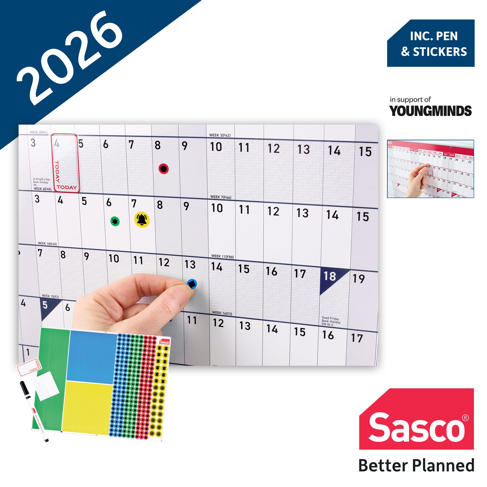 Sasco Planificador de pared original del año 2026 con bolígrafo de borrado húmedo y paquete de calcomanías, azul, estilo póster, 915 mm de ancho x 610 mm de alto