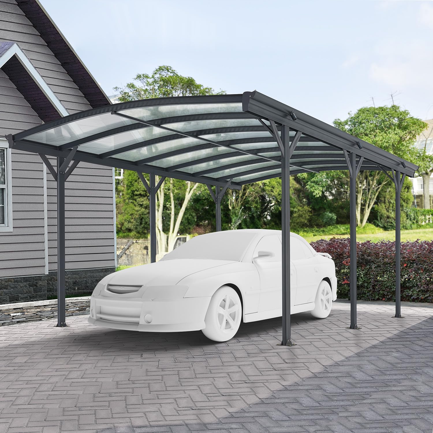 Juskys Carport mit Bogendach 5x3 m - Überdachung aus Aluminium mit Doppelstegplatten - Unterstand für Autos - freistehende Montage - Dunkelgrau